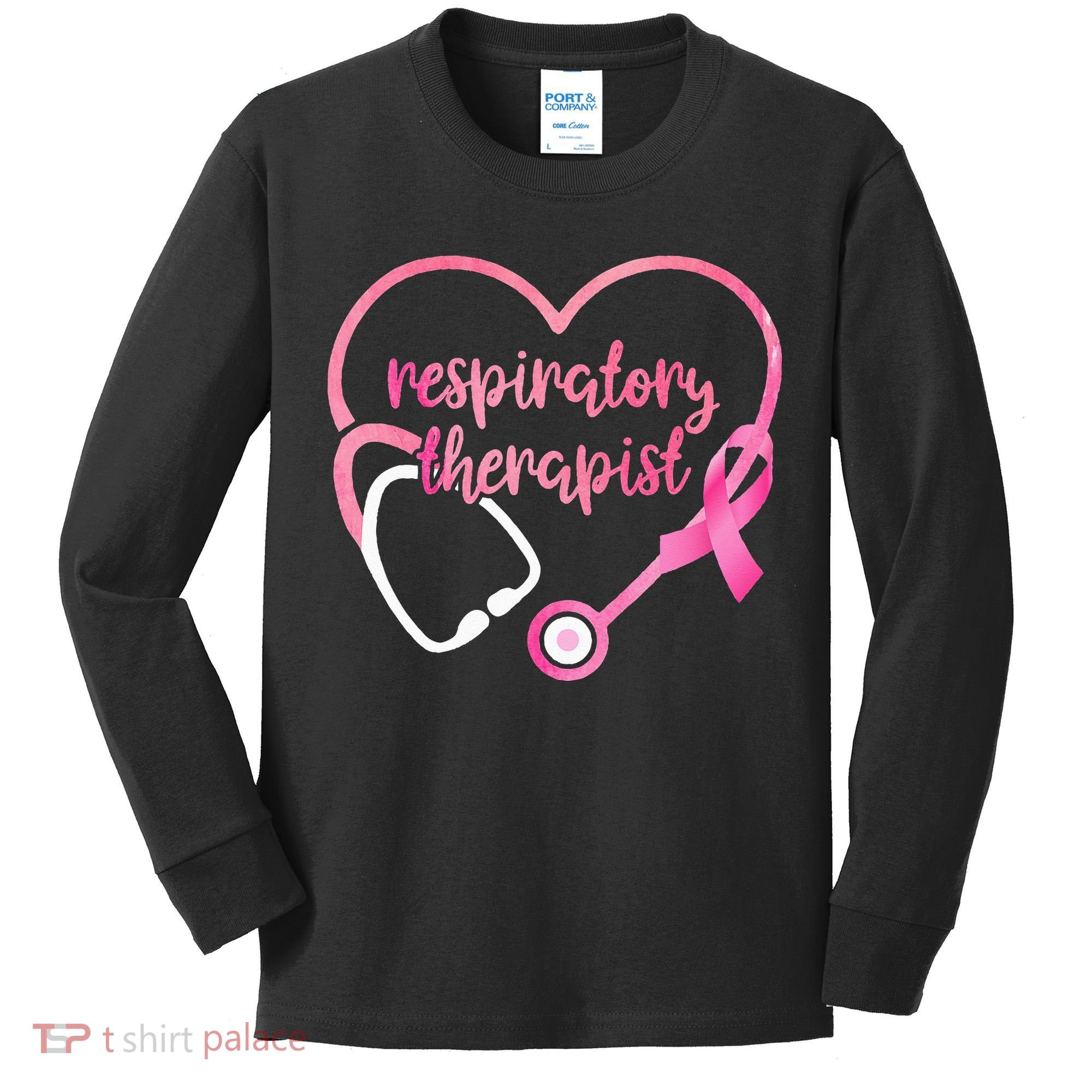 Respiratory Therapist Stethoscope Pink Ribbon Breast Cancer Kids Long Sleeve Shirt