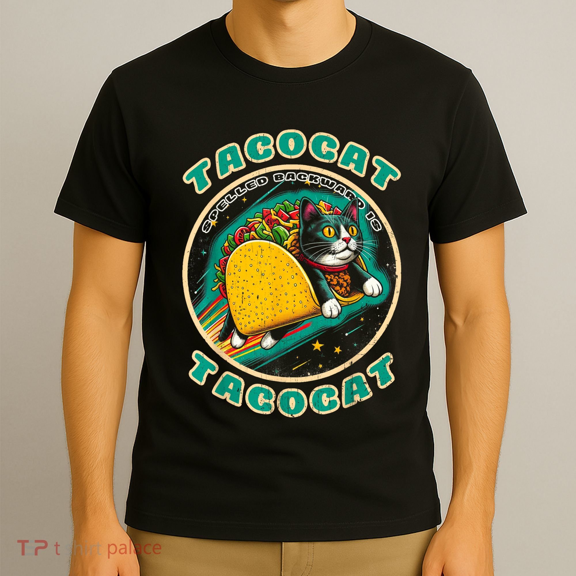 Retro Tacocat Spelled Backward Is Tacocat Funny Cat T-Shirt