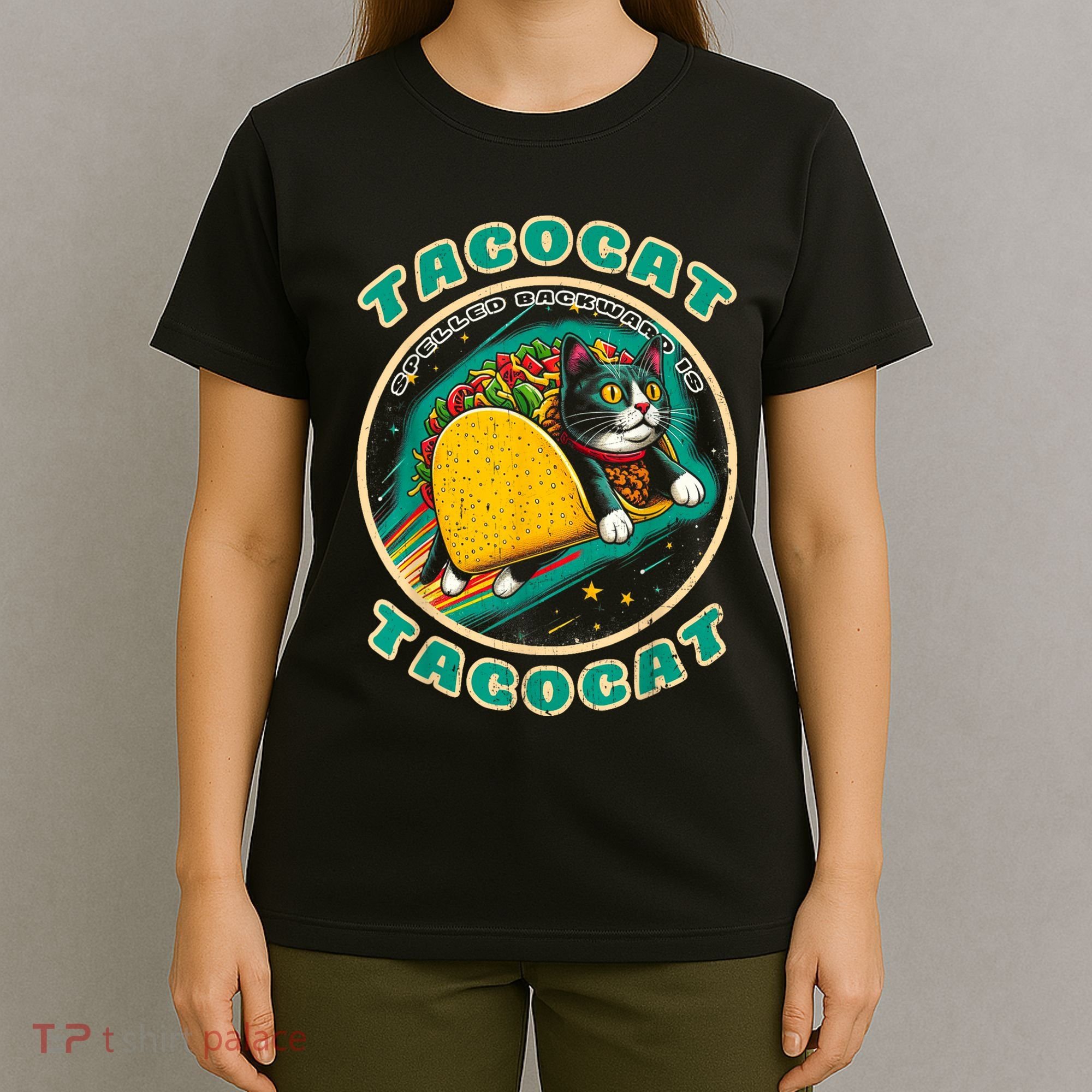 Retro Tacocat Spelled Backward Is Tacocat Funny Cat T-Shirt