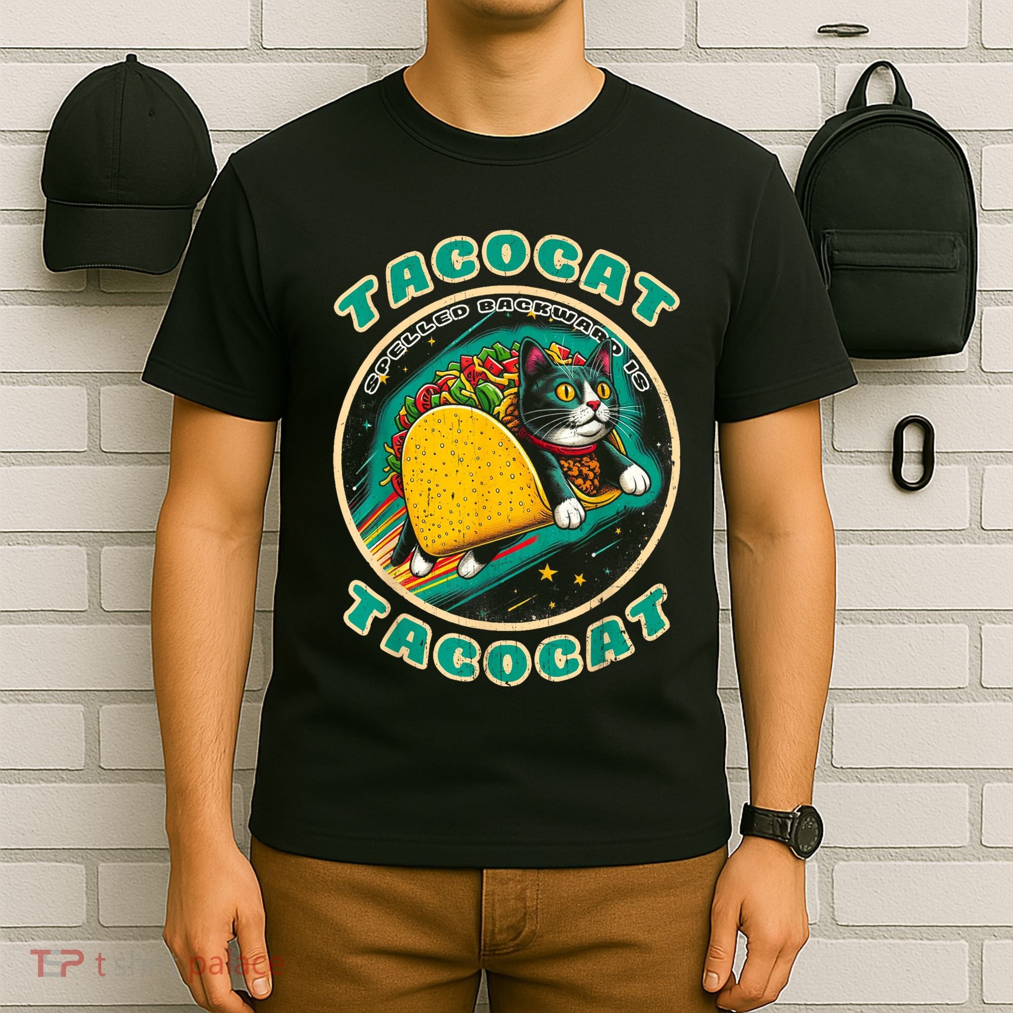 Retro Tacocat Spelled Backward Is Tacocat Funny Cat T-Shirt