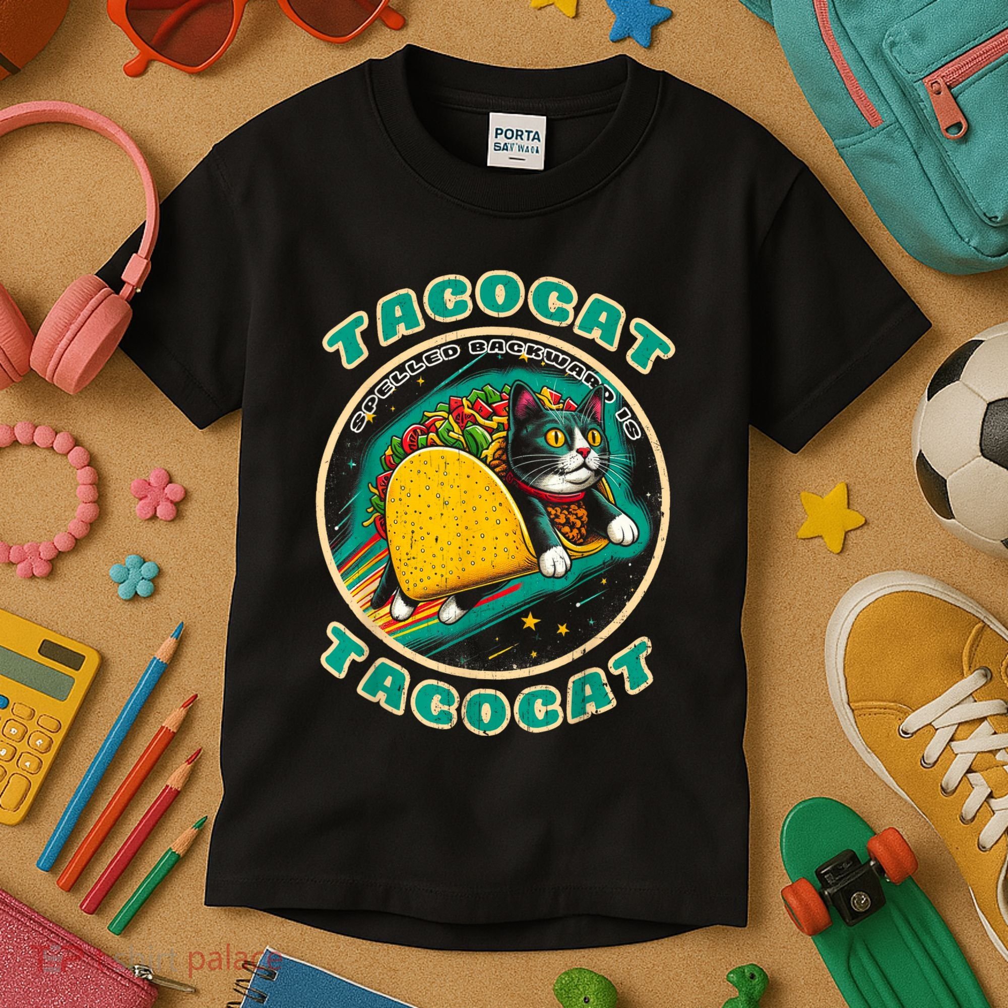 Retro Tacocat Spelled Backward Is Tacocat Funny Cat Kids T-Shirt