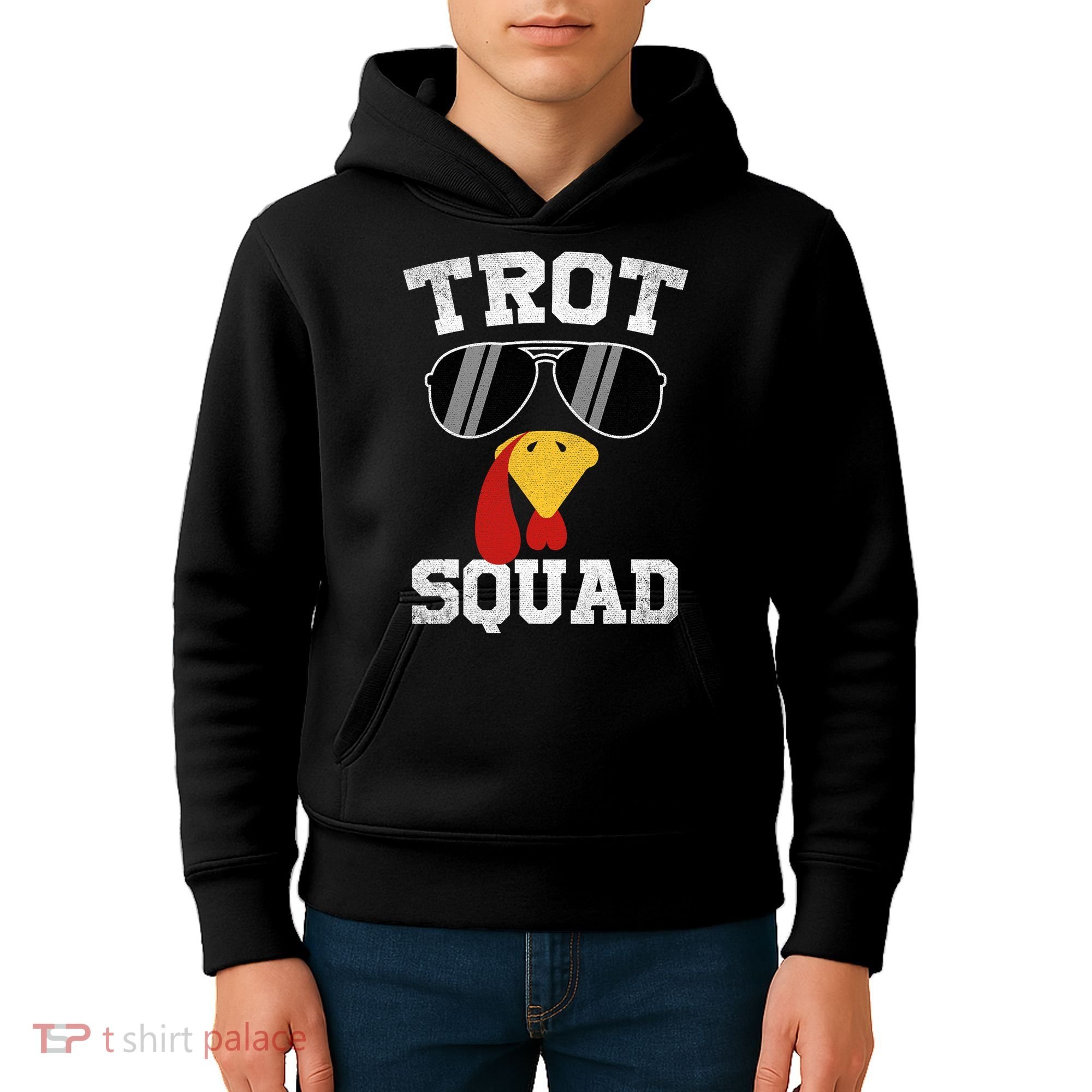 Running Turkey Sunglasses Trot Squad Thanksgiving Kids Hoodie