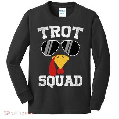 Running Turkey Sunglasses Trot Squad Thanksgiving Kids Long Sleeve Shirt