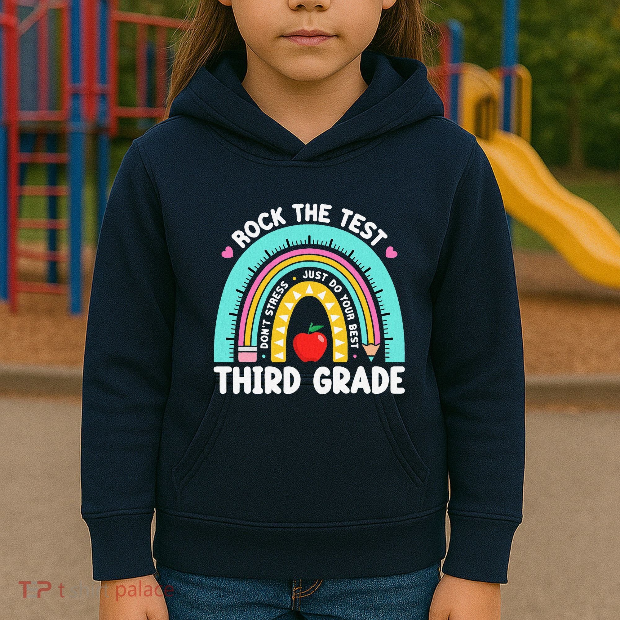 Rock The Test Day 3rd Grade Teacher Third Grade Testing Day Kids Hoodie