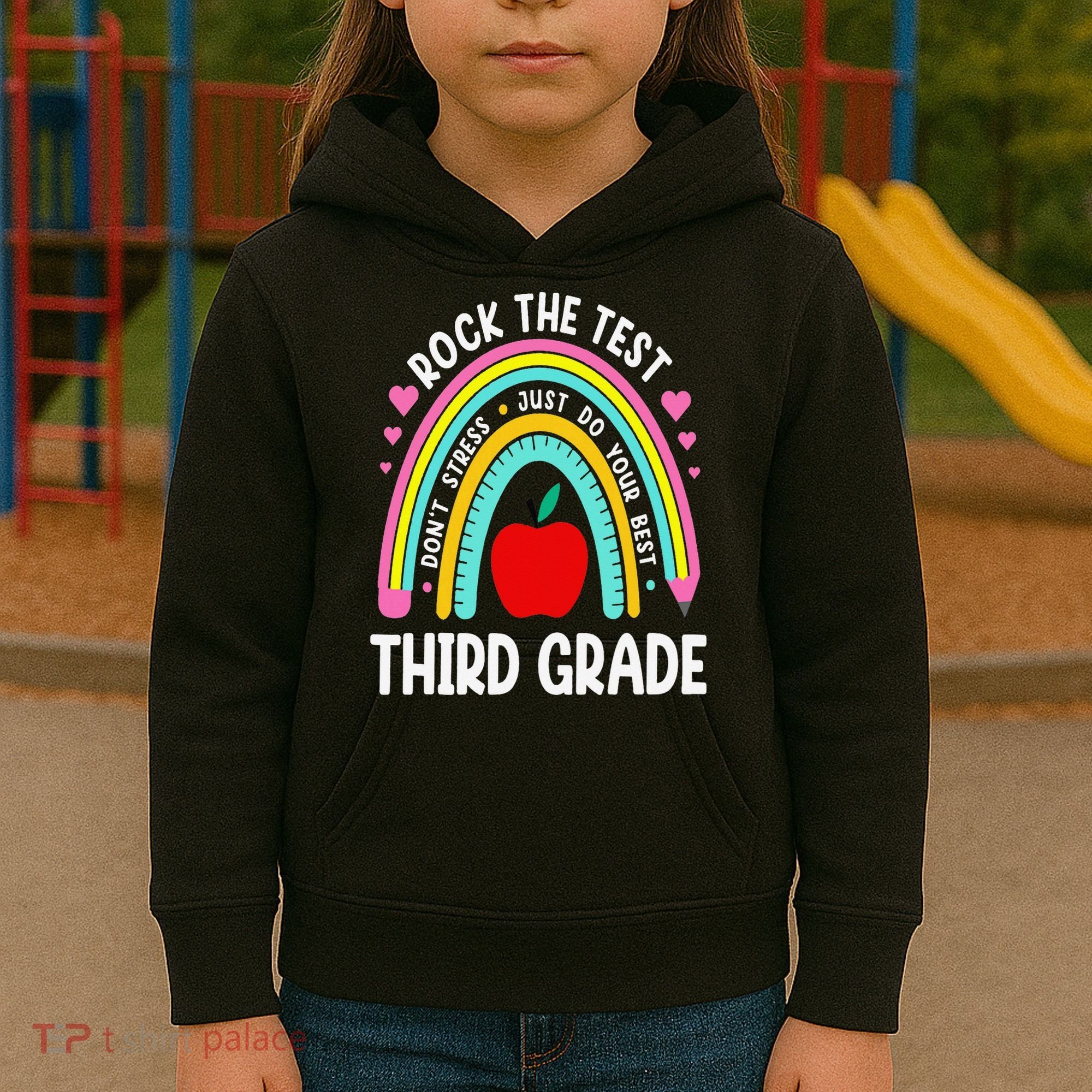 Rock The Test Day 3rd Grade Teacher Third Grade Testing Day Kids Hoodie