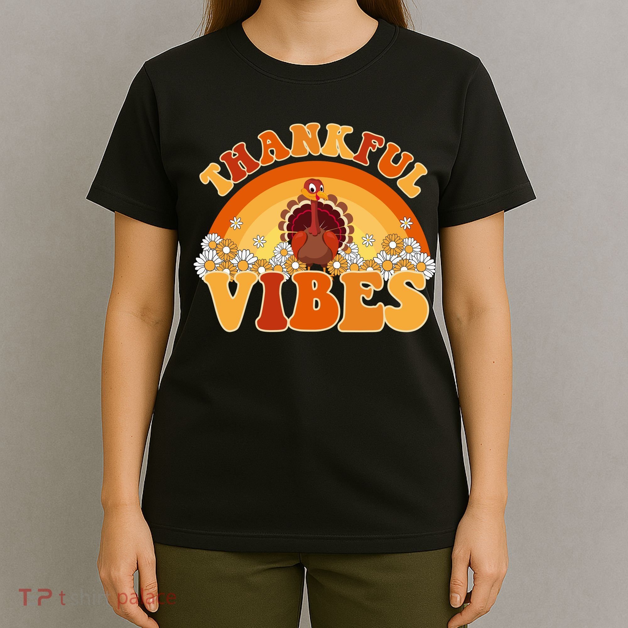 Retro Thanksgiving Thankful Vibes Turkey Sunset T-Shirt