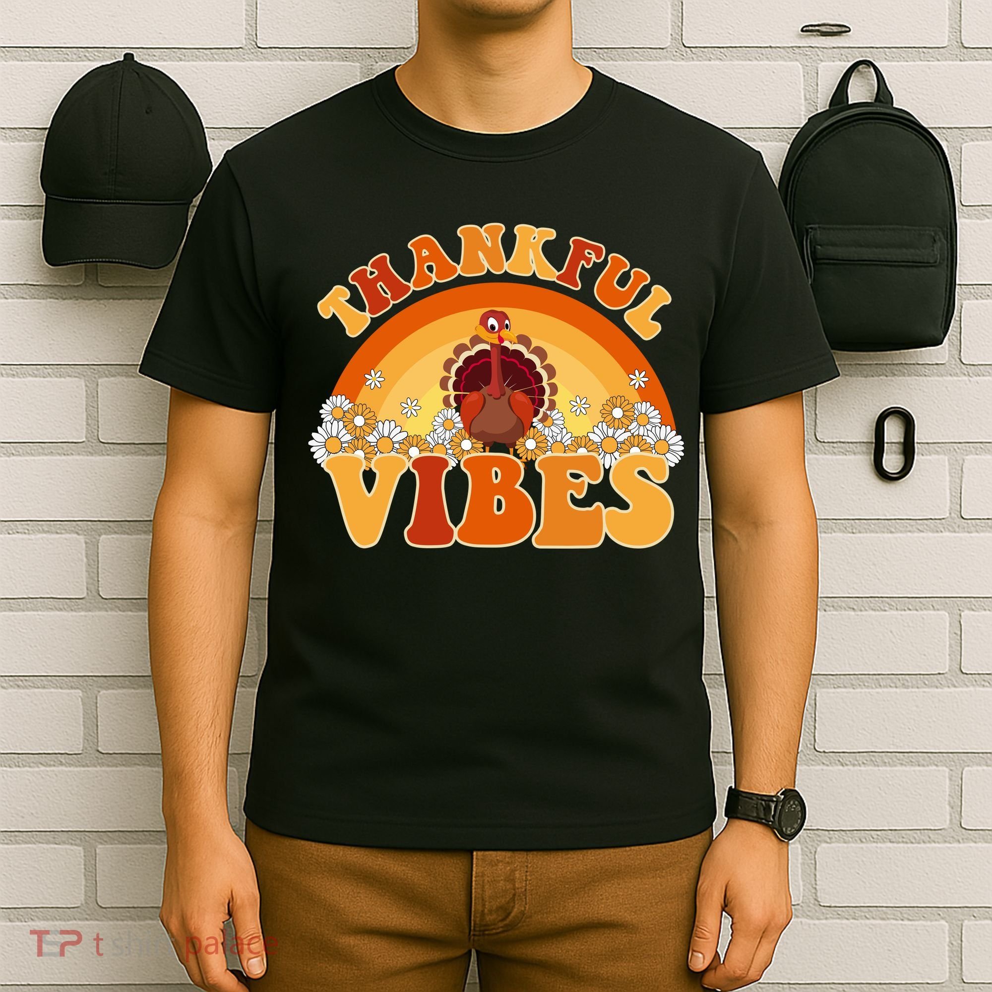 Retro Thanksgiving Thankful Vibes Turkey Sunset T-Shirt