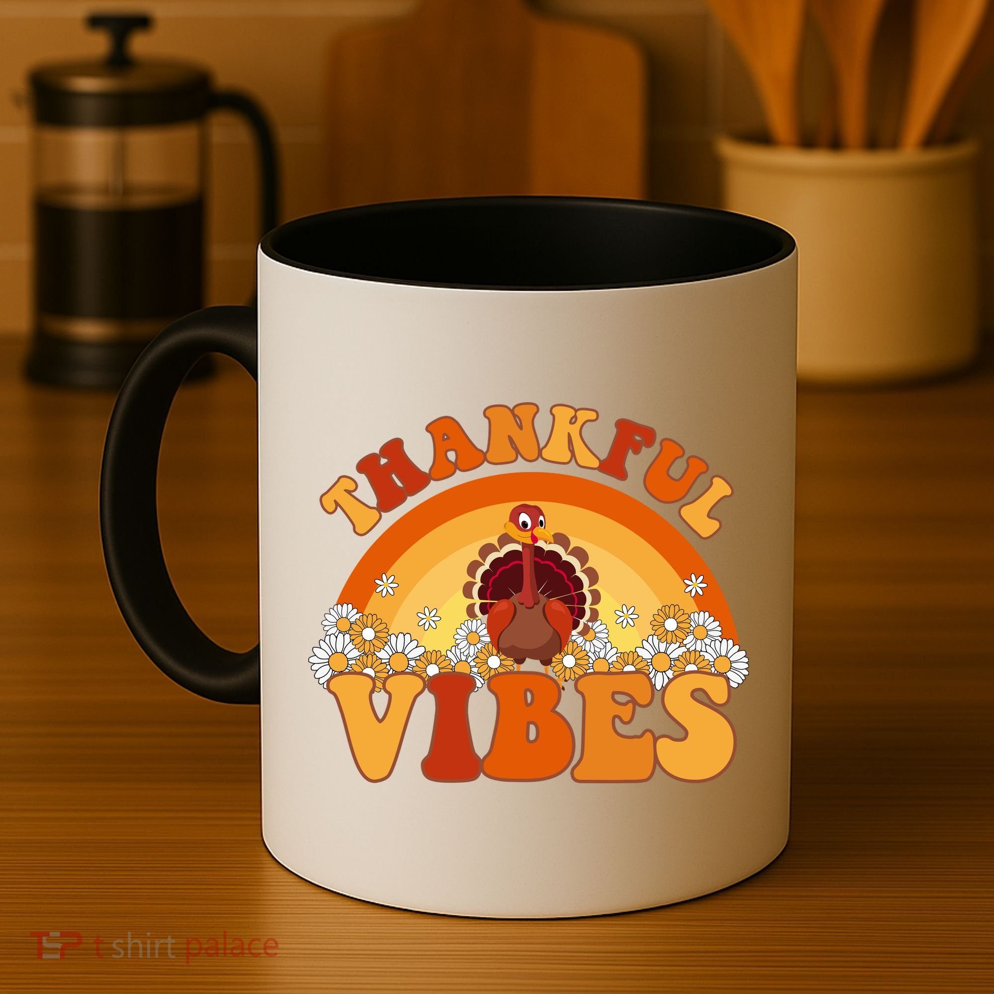 Retro Thanksgiving Thankful Vibes Turkey Sunset Coffee Mug