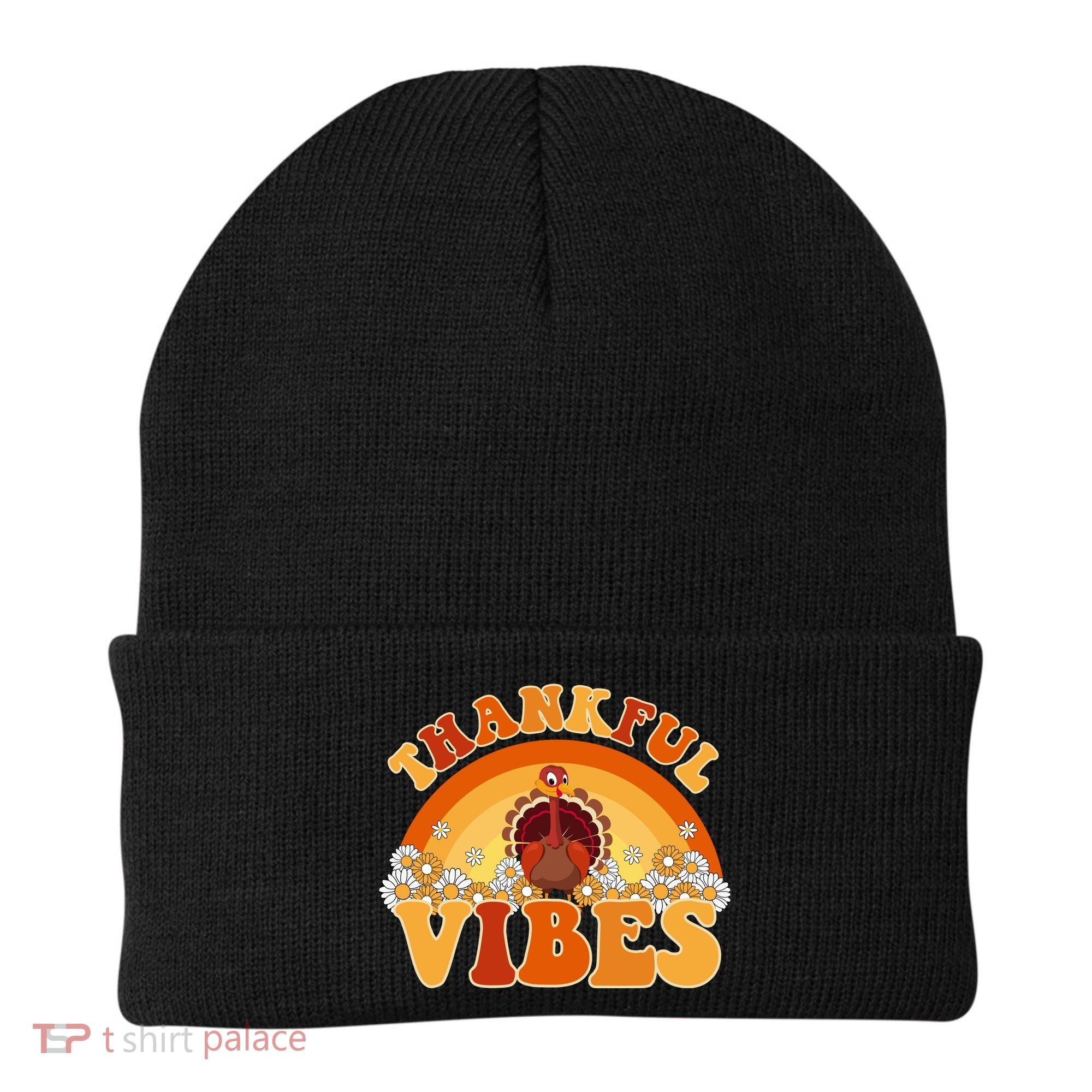 Retro Thanksgiving Thankful Vibes Turkey Sunset Beanie