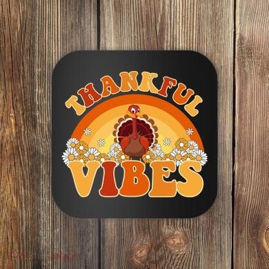 Retro Thanksgiving Thankful Vibes Turkey Sunset Coaster