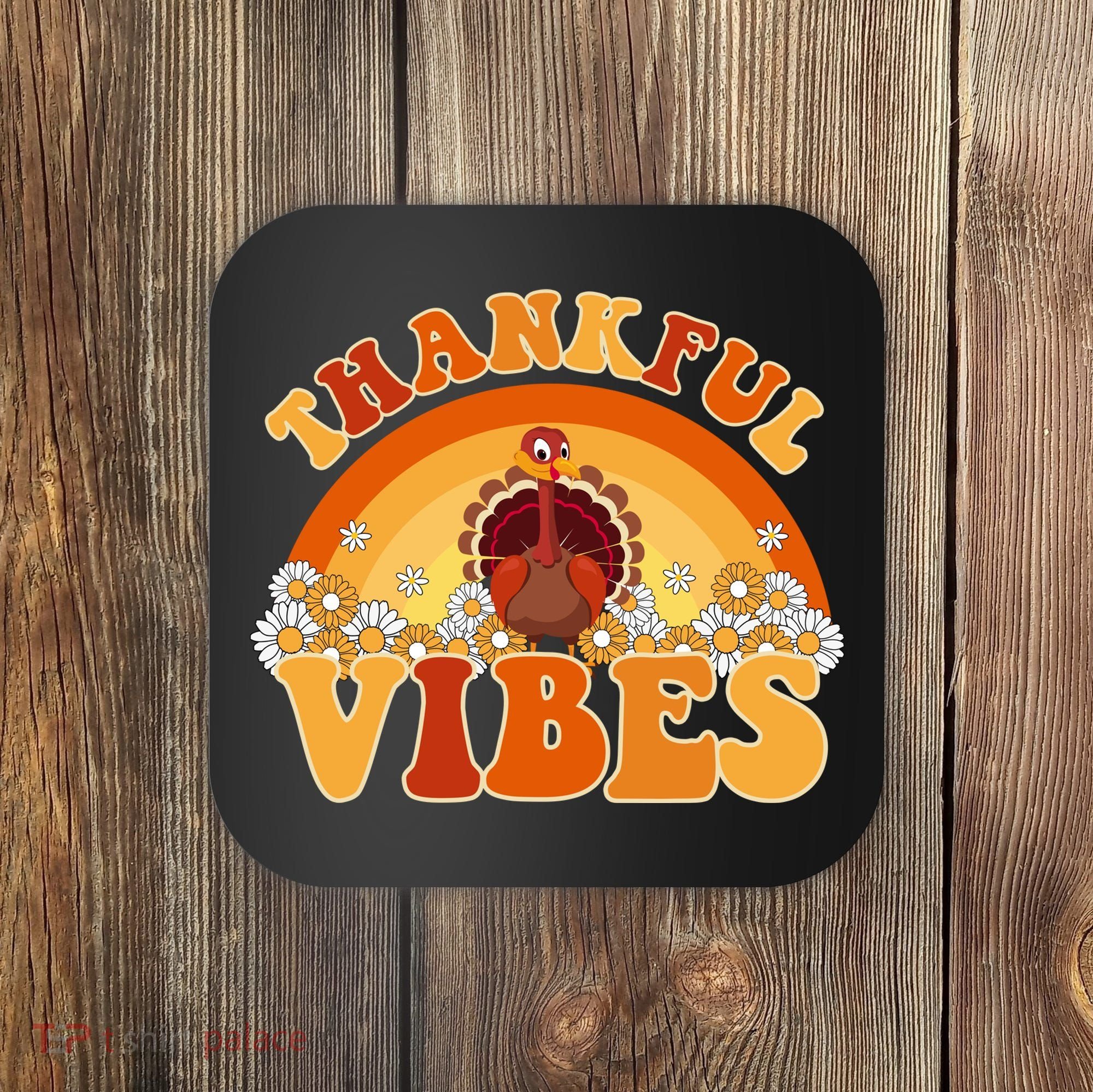 Retro Thanksgiving Thankful Vibes Turkey Sunset Coaster