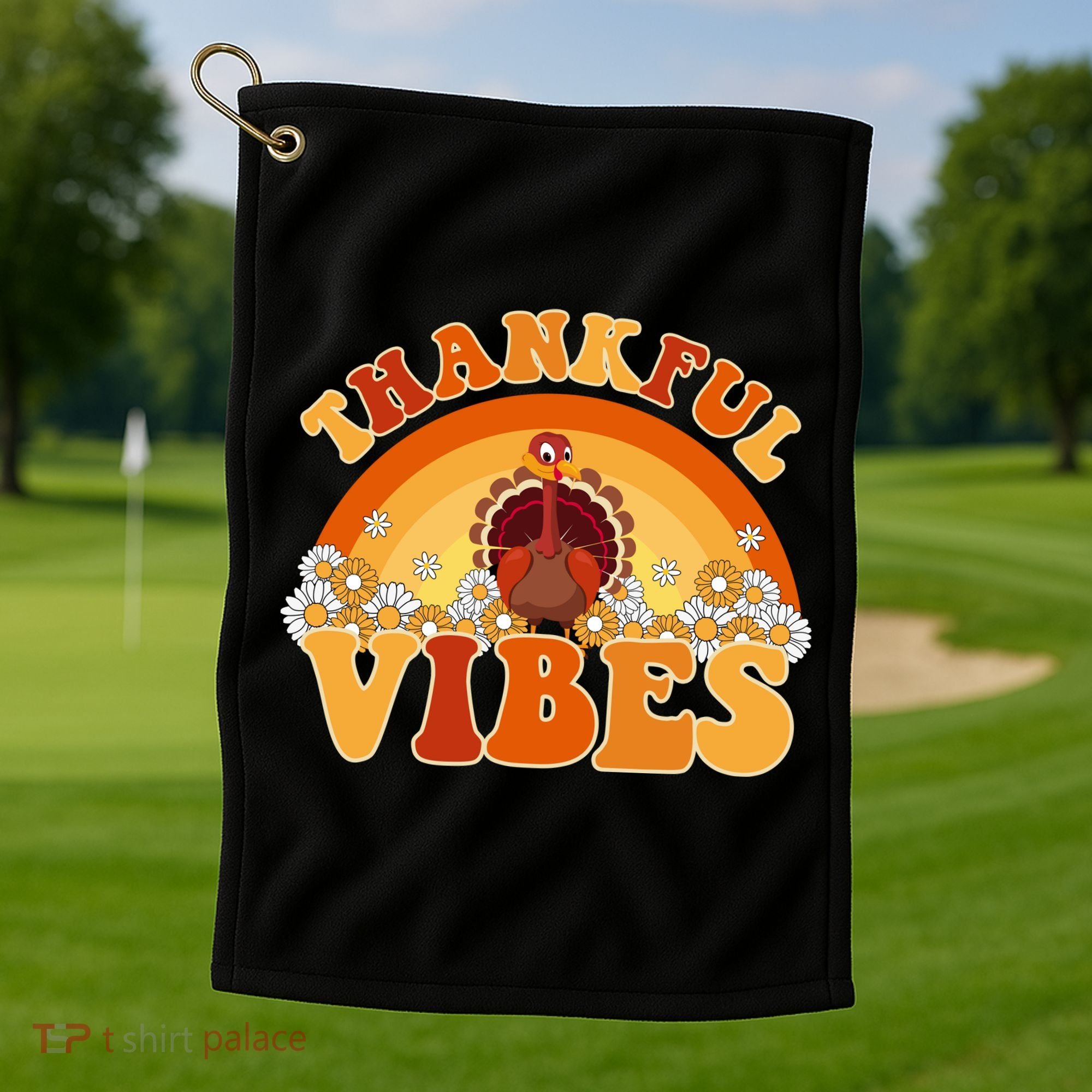 Retro Thanksgiving Thankful Vibes Turkey Sunset Golf Towel