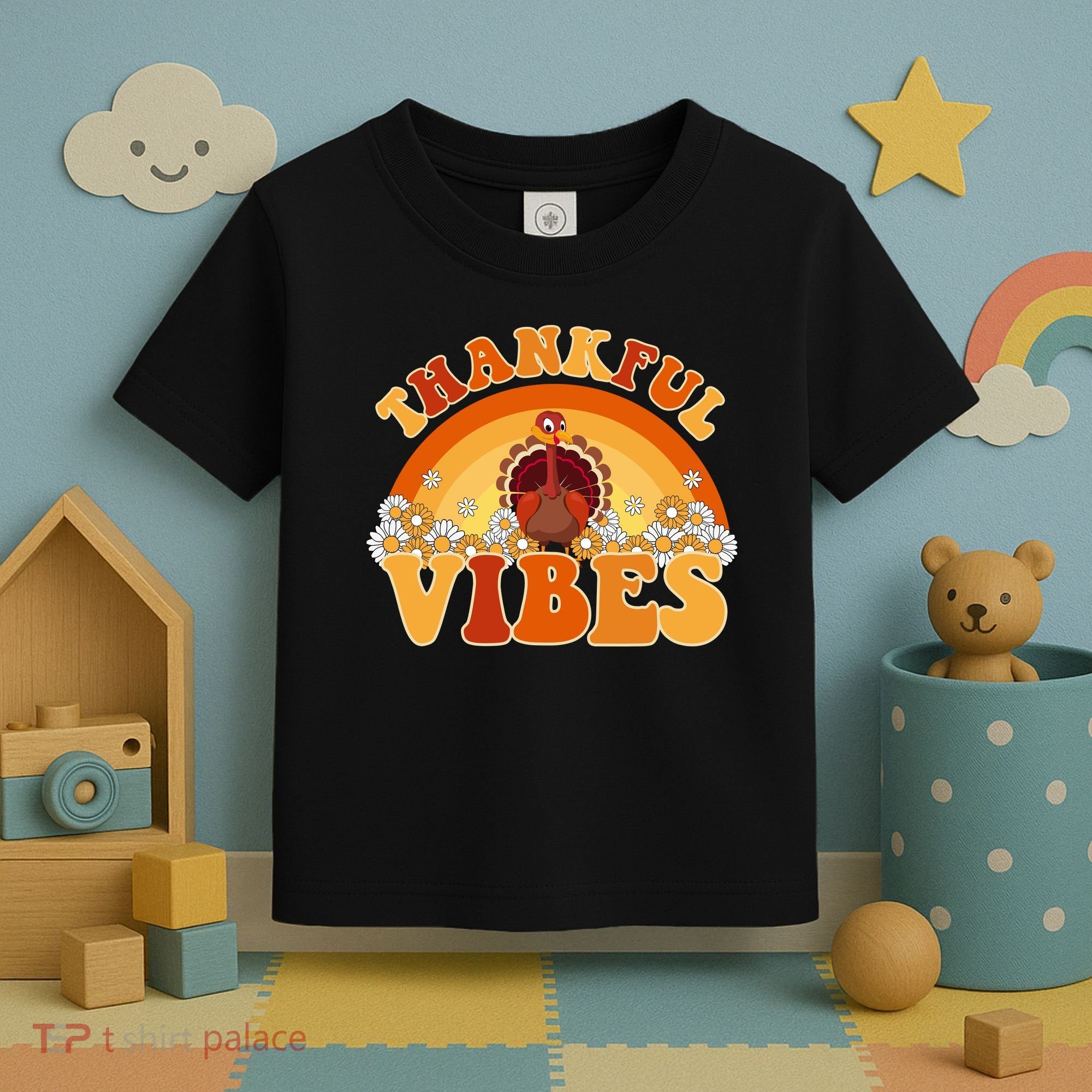 Retro Thanksgiving Thankful Vibes Turkey Sunset Toddler T-Shirt