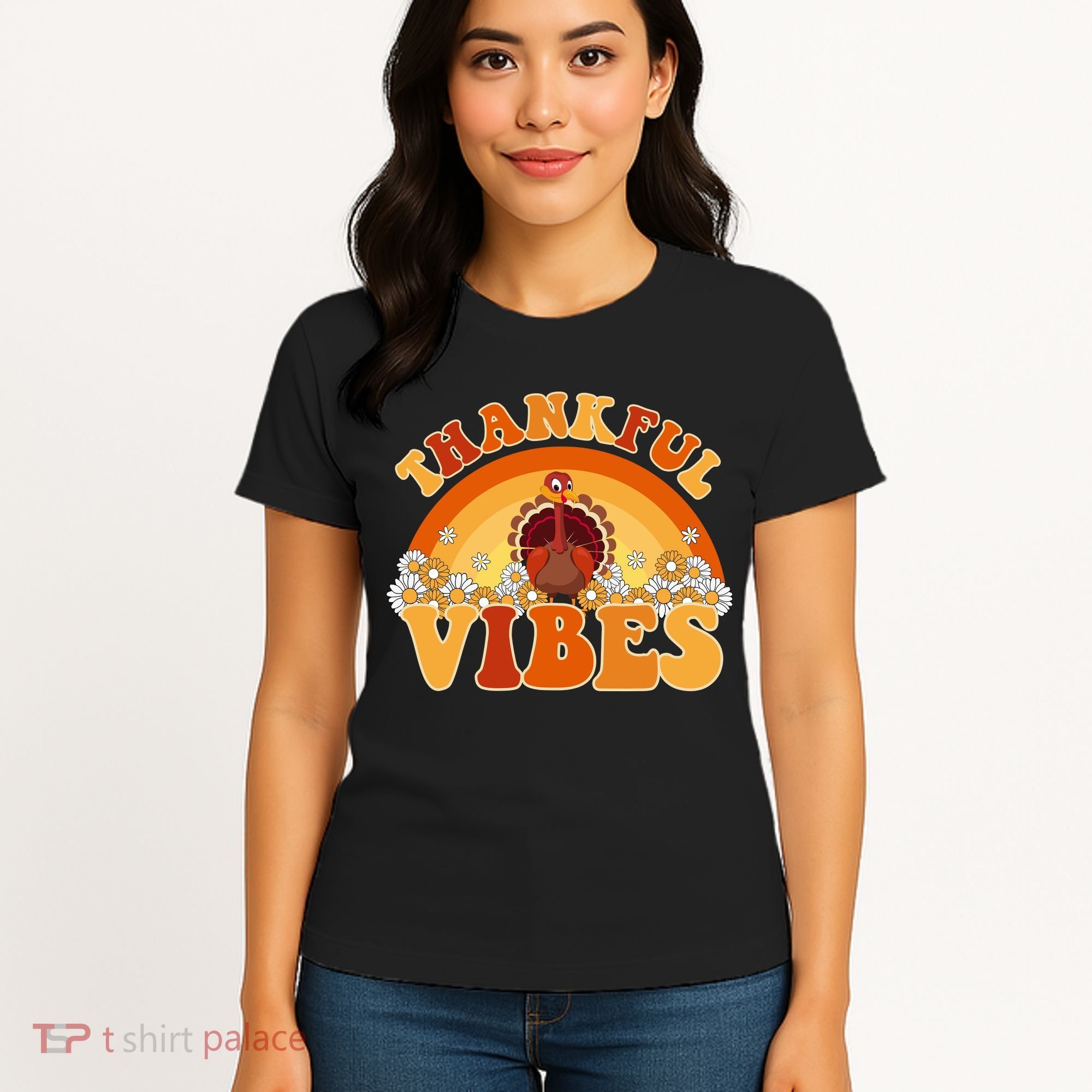 Retro Thanksgiving Thankful Vibes Turkey Sunset Women's T-Shirt