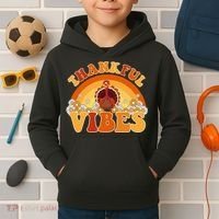 Retro Thanksgiving Thankful Vibes Turkey Sunset Kids Hoodie thumb 2