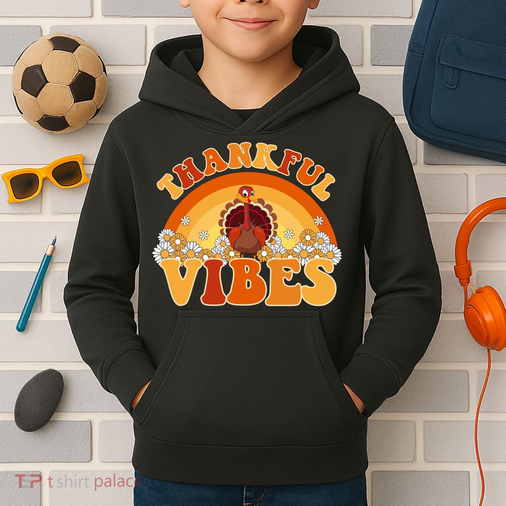 Retro Thanksgiving Thankful Vibes Turkey Sunset Kids Hoodie