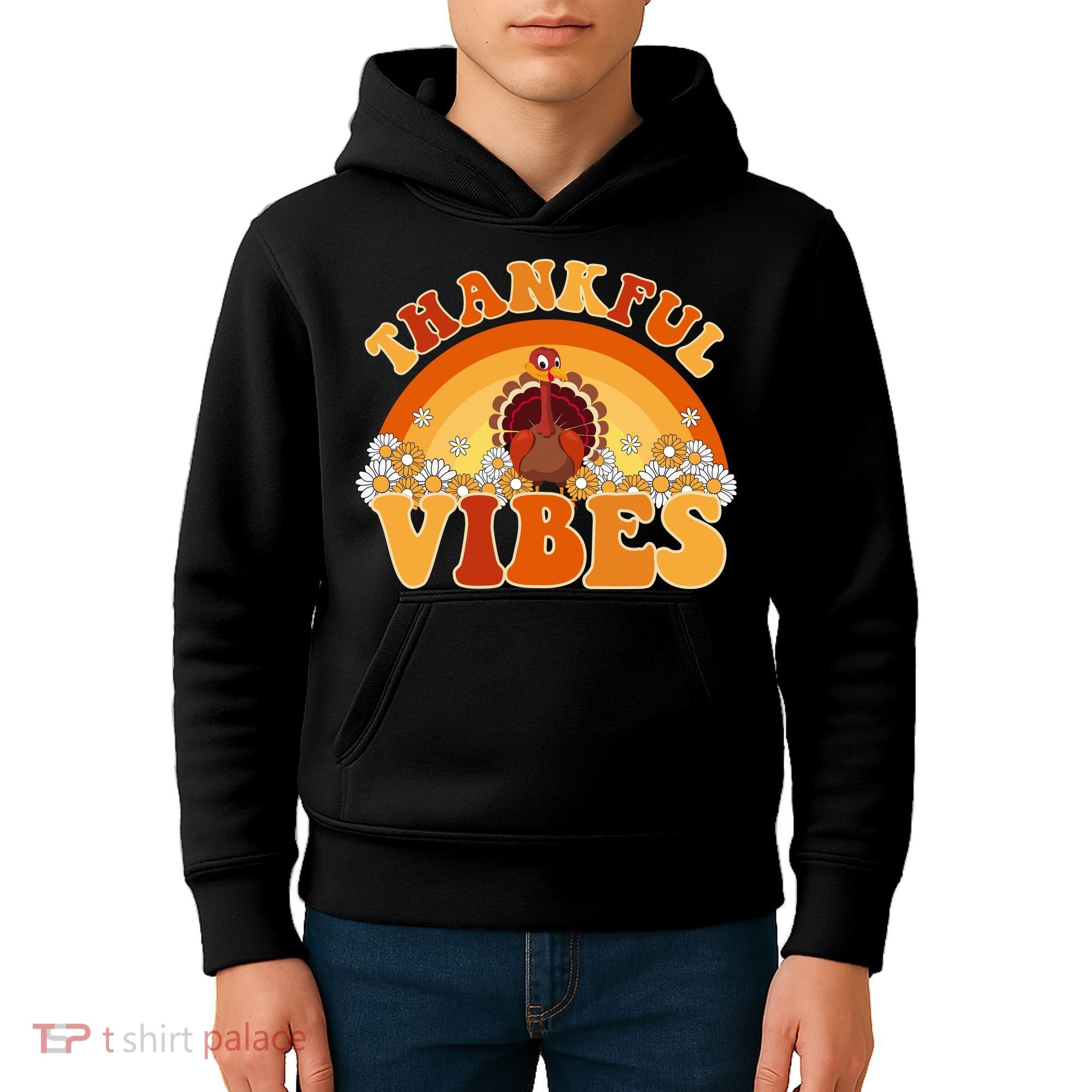 Retro Thanksgiving Thankful Vibes Turkey Sunset Kids Hoodie