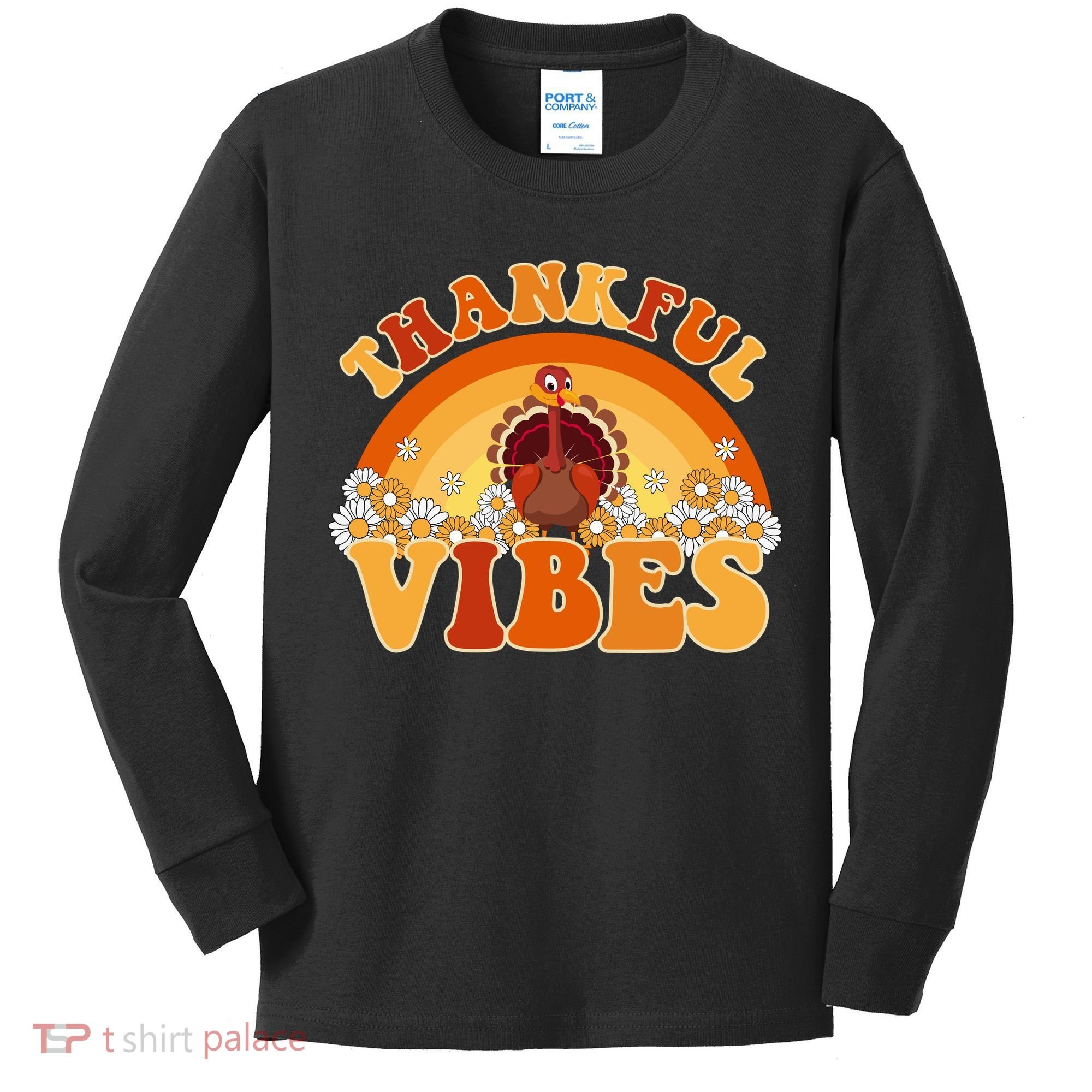 Retro Thanksgiving Thankful Vibes Turkey Sunset Kids Long Sleeve Shirt