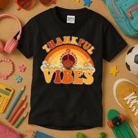 Retro Thanksgiving Thankful Vibes Turkey Sunset Kids T-Shirt thumb 3