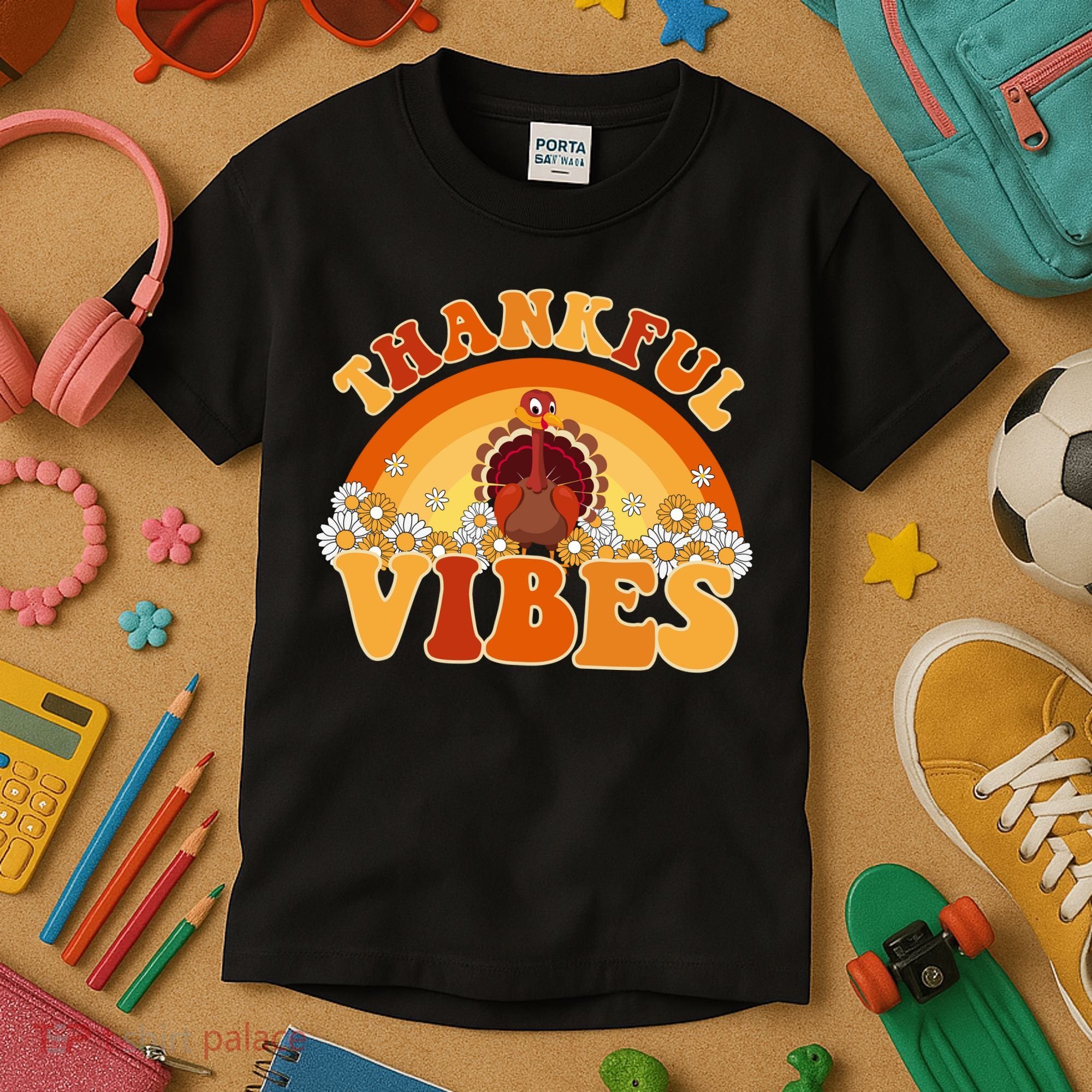 Retro Thanksgiving Thankful Vibes Turkey Sunset Kids T-Shirt