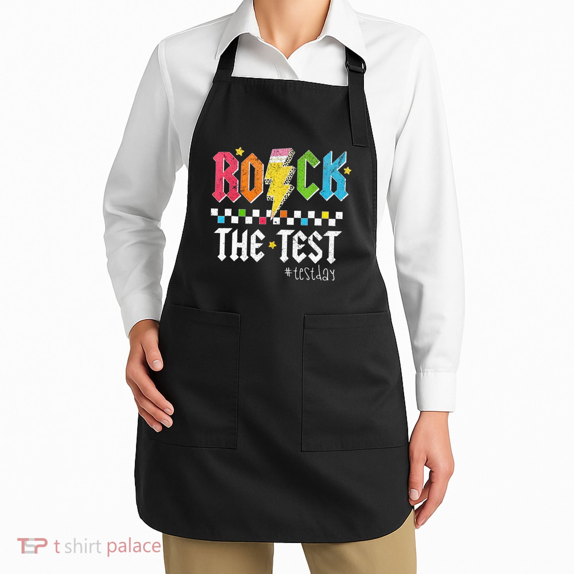Rock The Test Testing Day Retro Motivational Teacher Apron