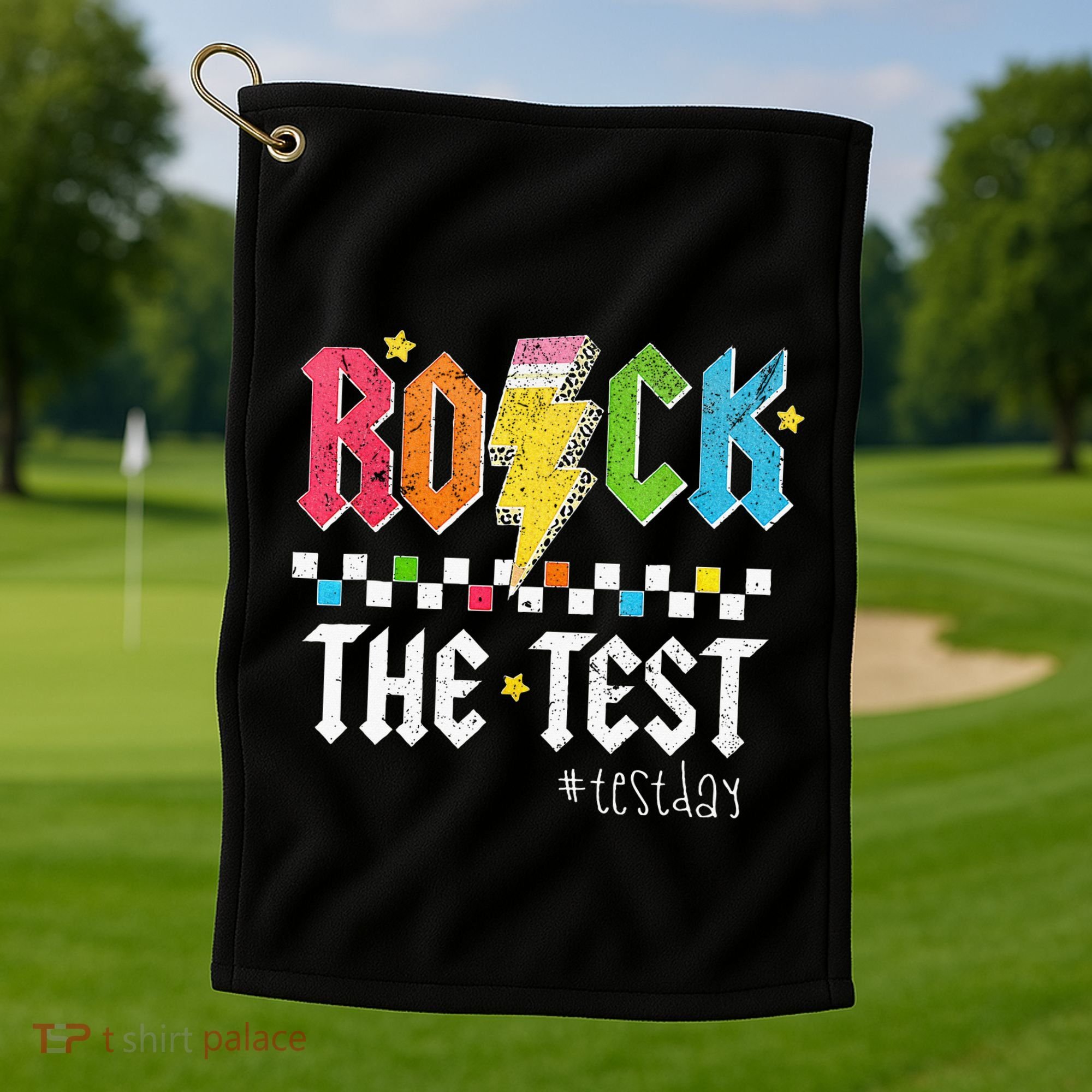 Rock The Test Testing Day Retro Motivational Teacher Golf Towel