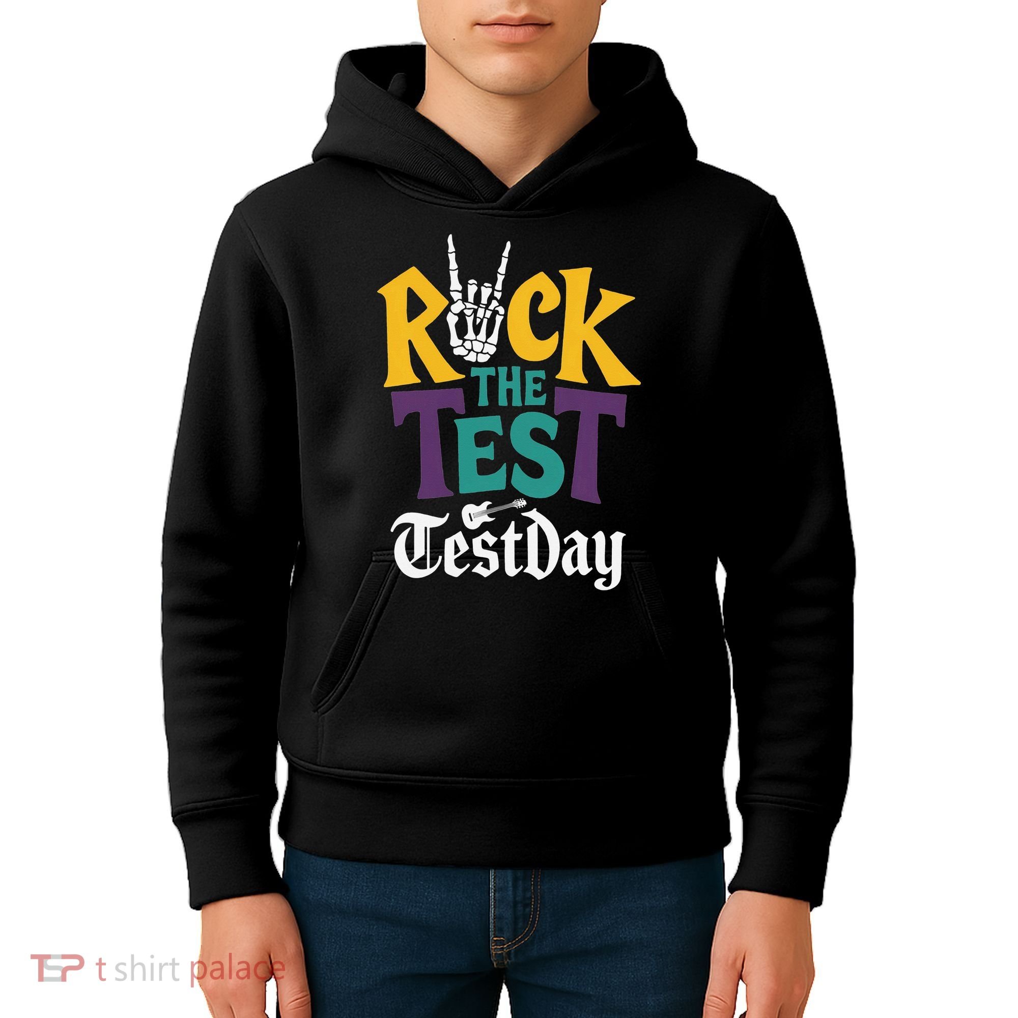 Rock The Test Testing Day Hand Skeleton Teacher Student Kids Hoodie