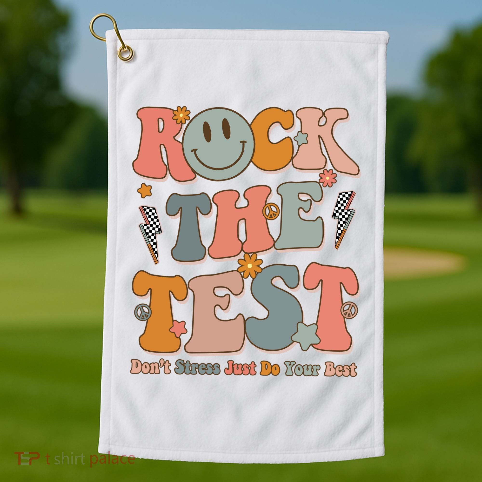 Rock The Test Dont Stress Just Do Your Best Teacher Retro Golf Towel