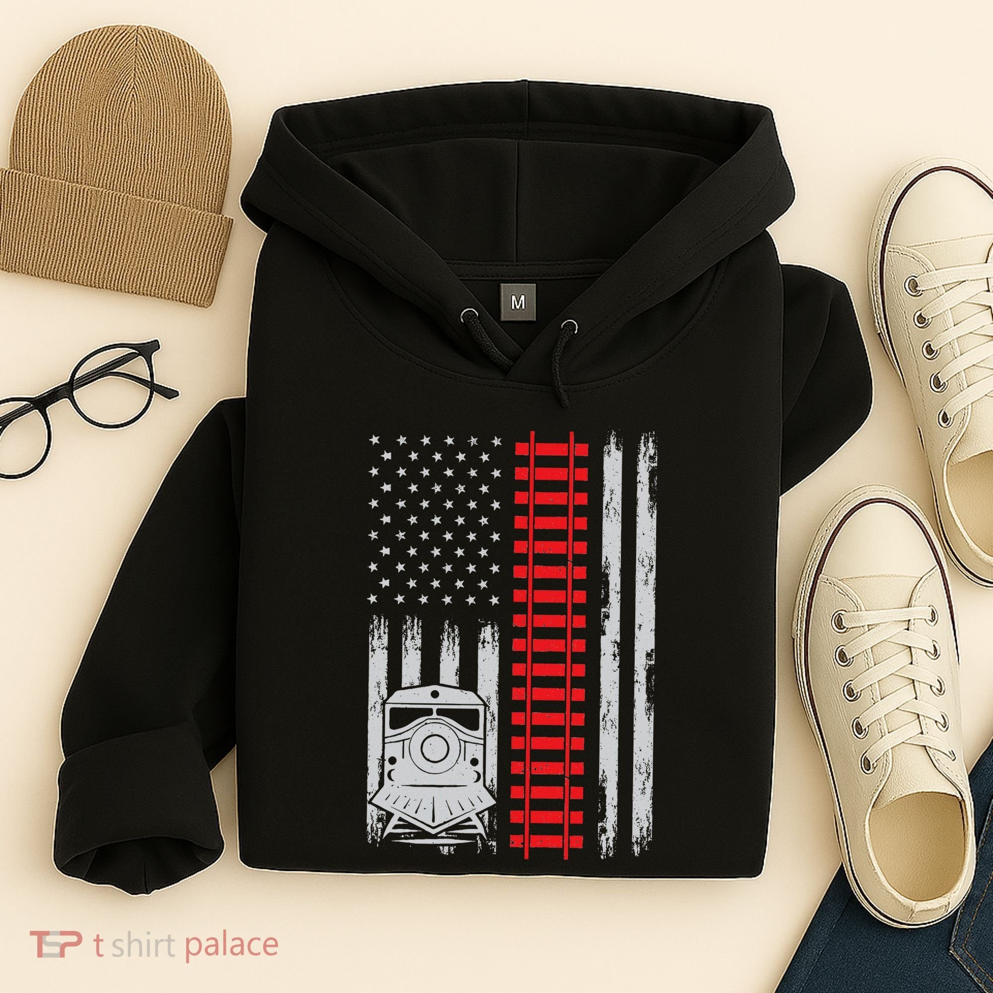 Railroad Train Usa Flag American Train Conductor Railway Hoodie