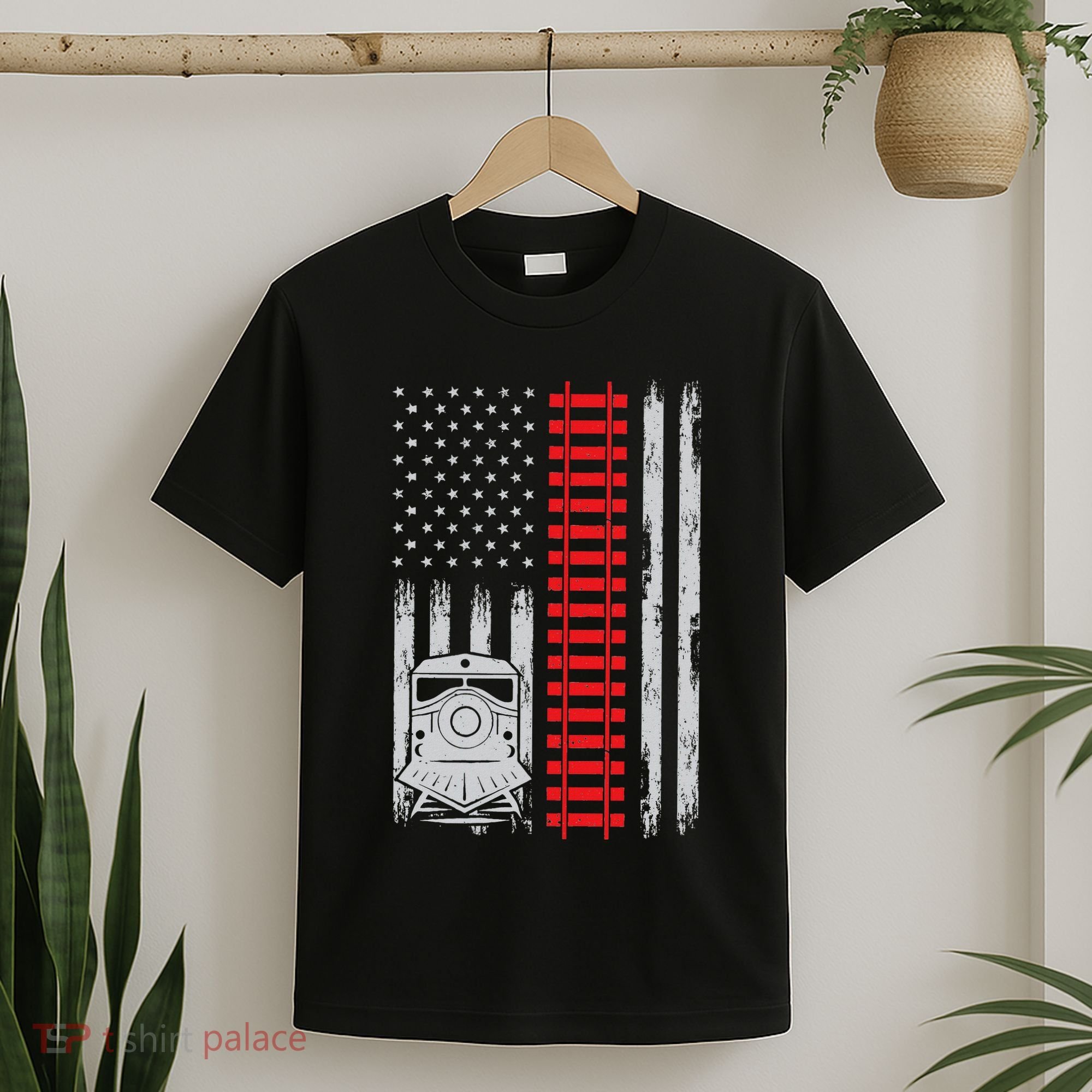 Railroad Train Usa Flag American Train Conductor Railway T-Shirt
