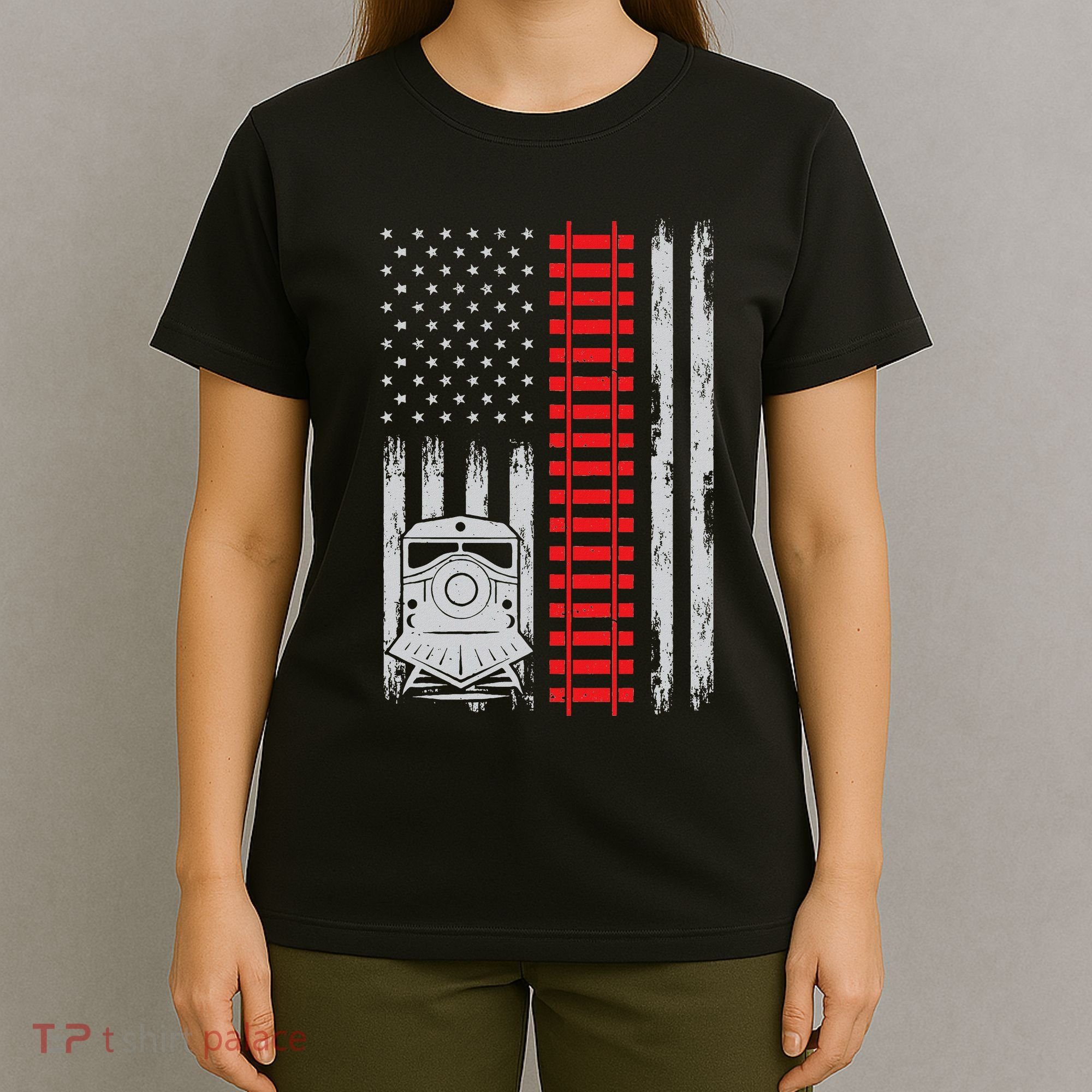 Railroad Train Usa Flag American Train Conductor Railway T-Shirt
