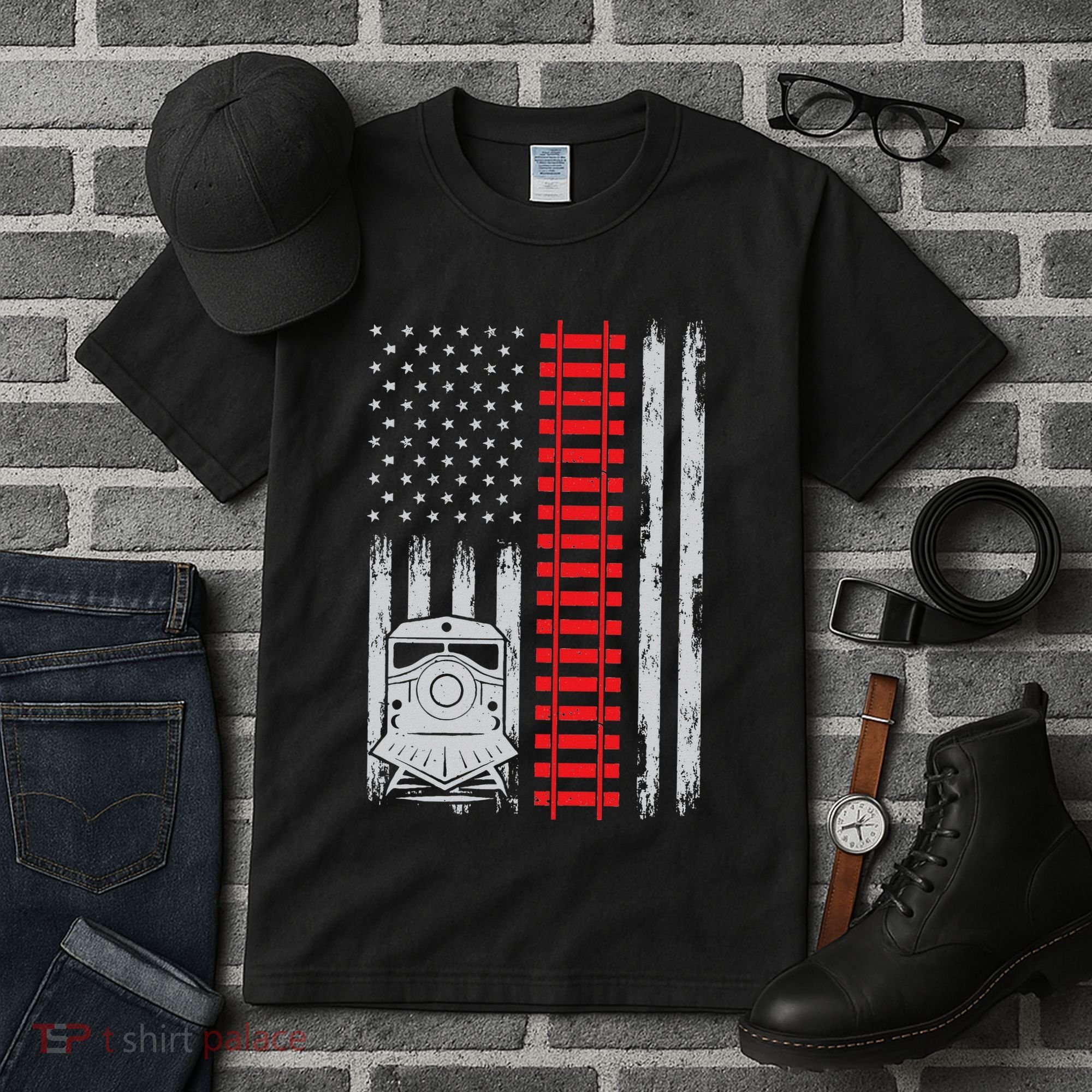 Railroad Train Usa Flag American Train Conductor Railway Tall T-Shirt