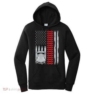 Railroad Train Usa Flag American Train Conductor Railway Women's Hoodie
