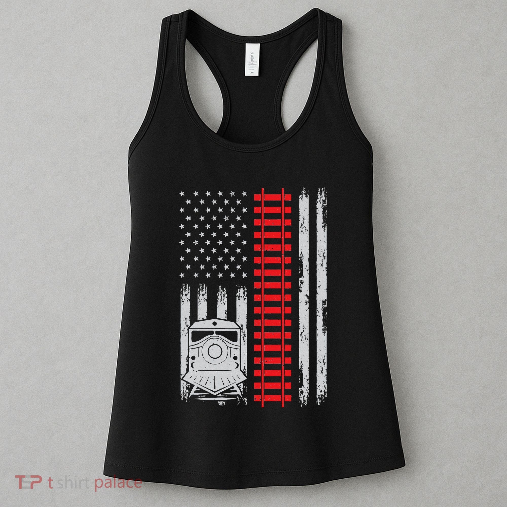 Railroad Train Usa Flag American Train Conductor Railway Women's Tank Top