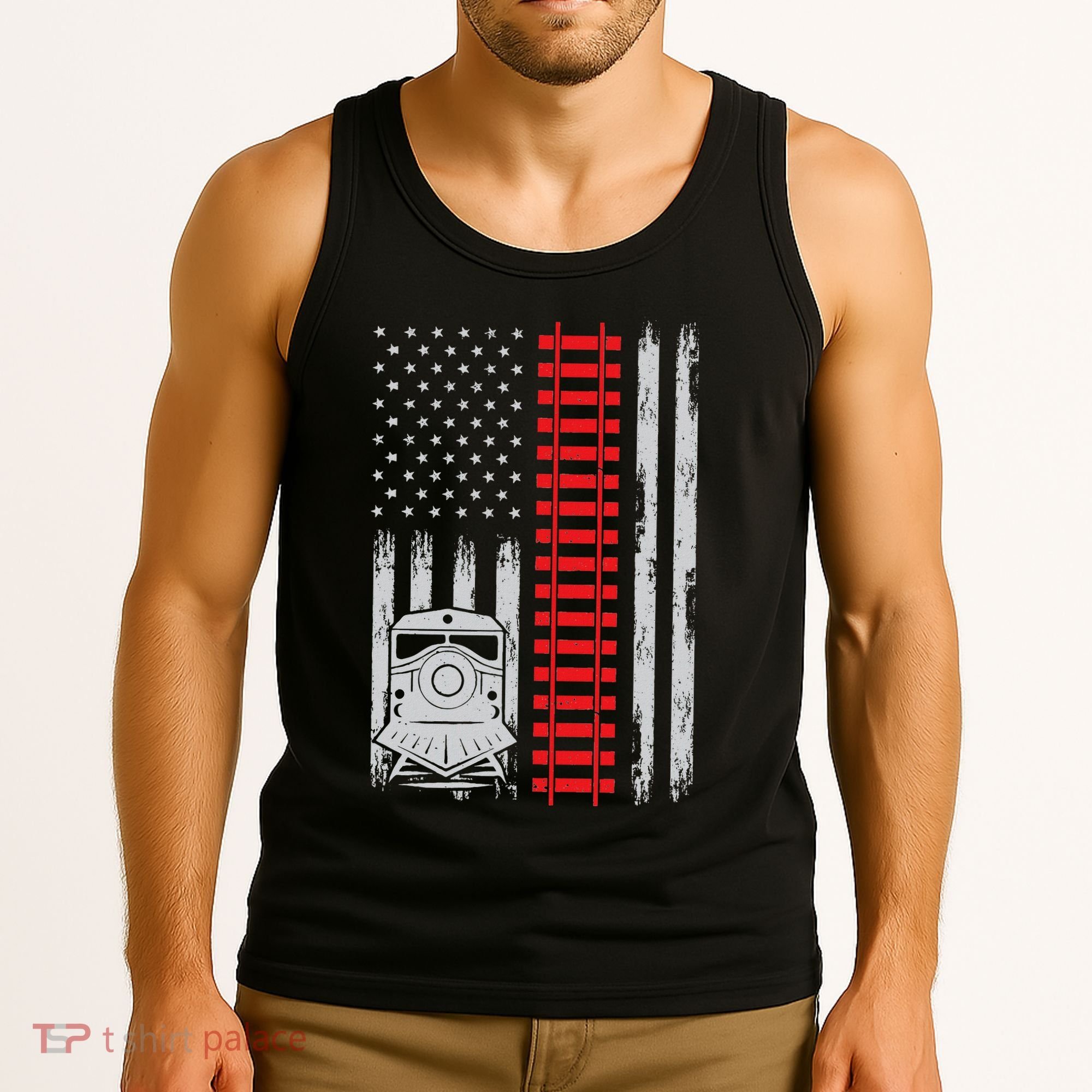 Railroad Train Usa Flag American Train Conductor Railway Tank Top