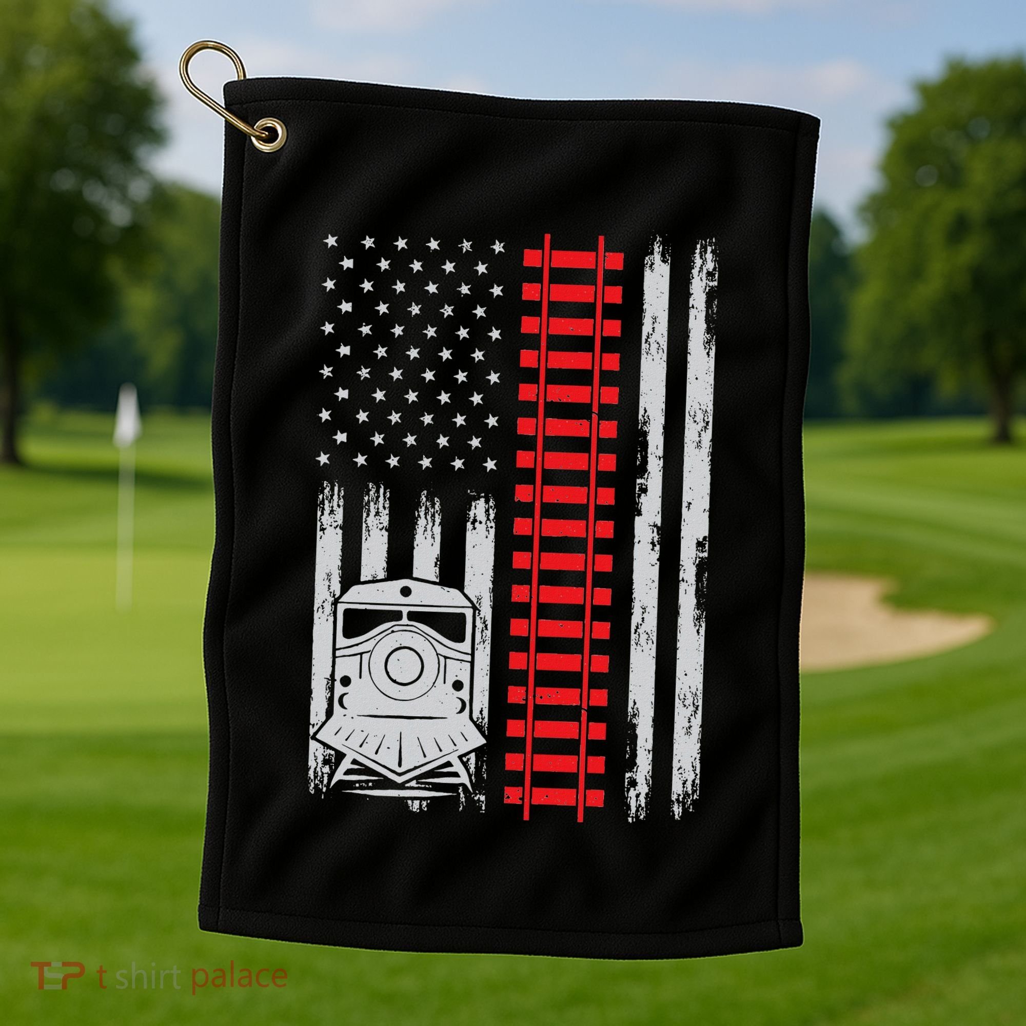 Railroad Train Usa Flag American Train Conductor Railway Golf Towel