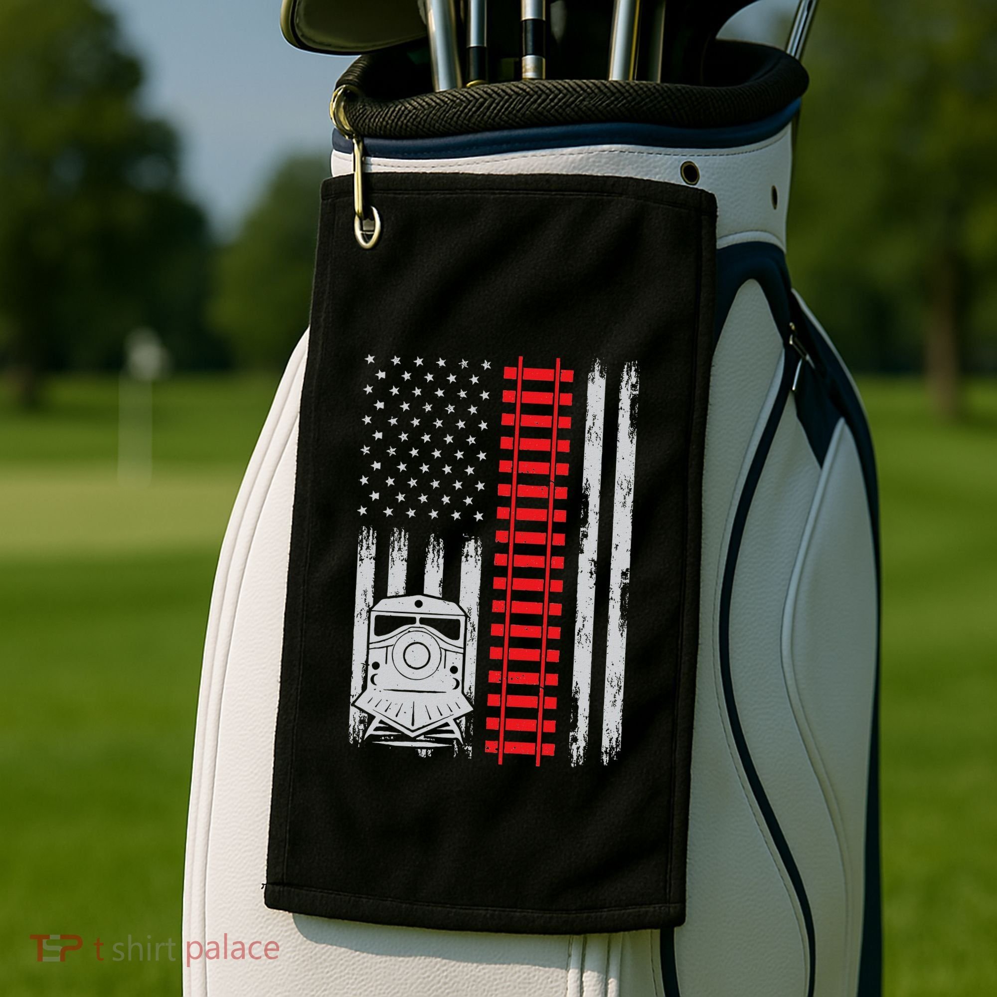 Railroad Train Usa Flag American Train Conductor Railway Golf Towel