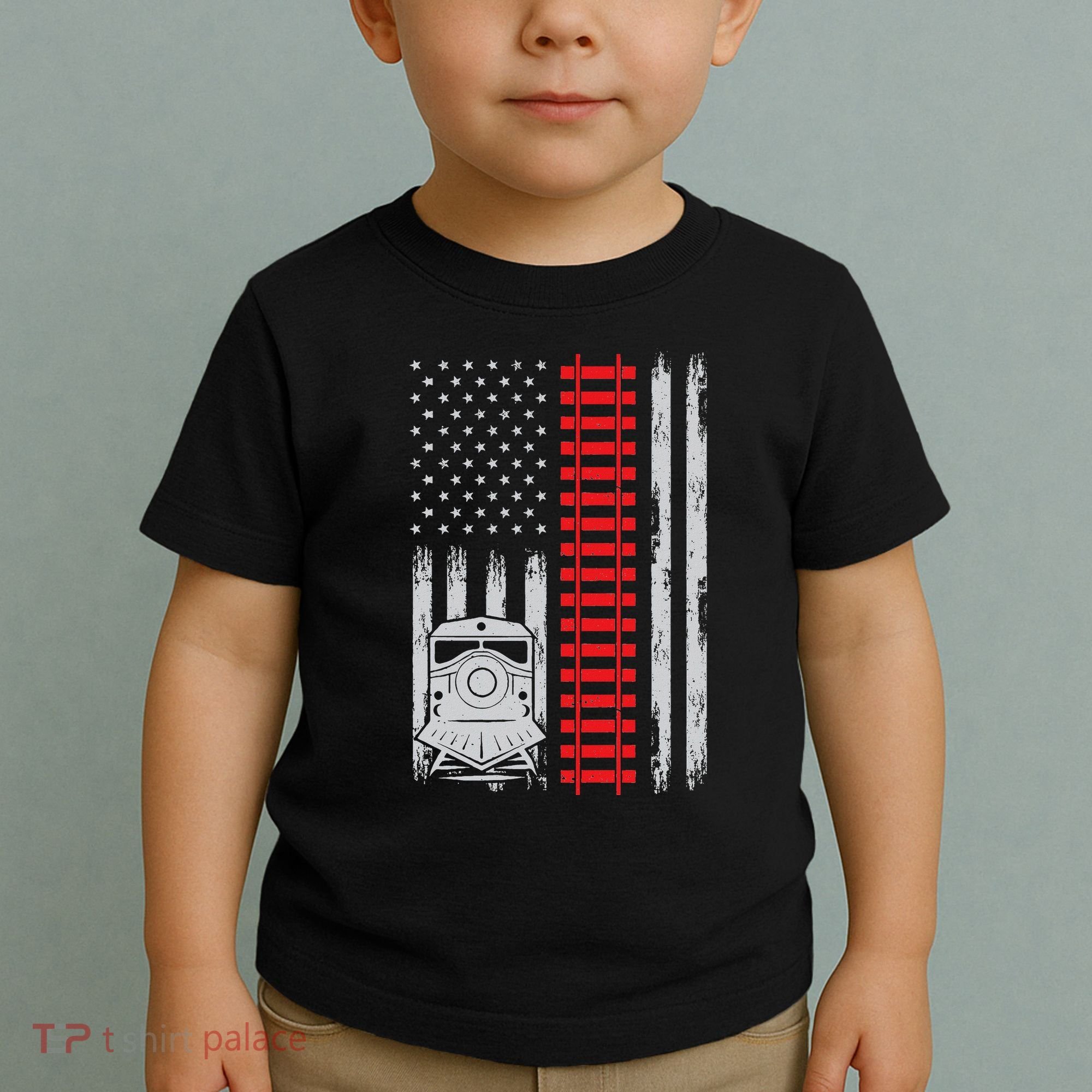 Railroad Train Usa Flag American Train Conductor Railway Toddler T-Shirt