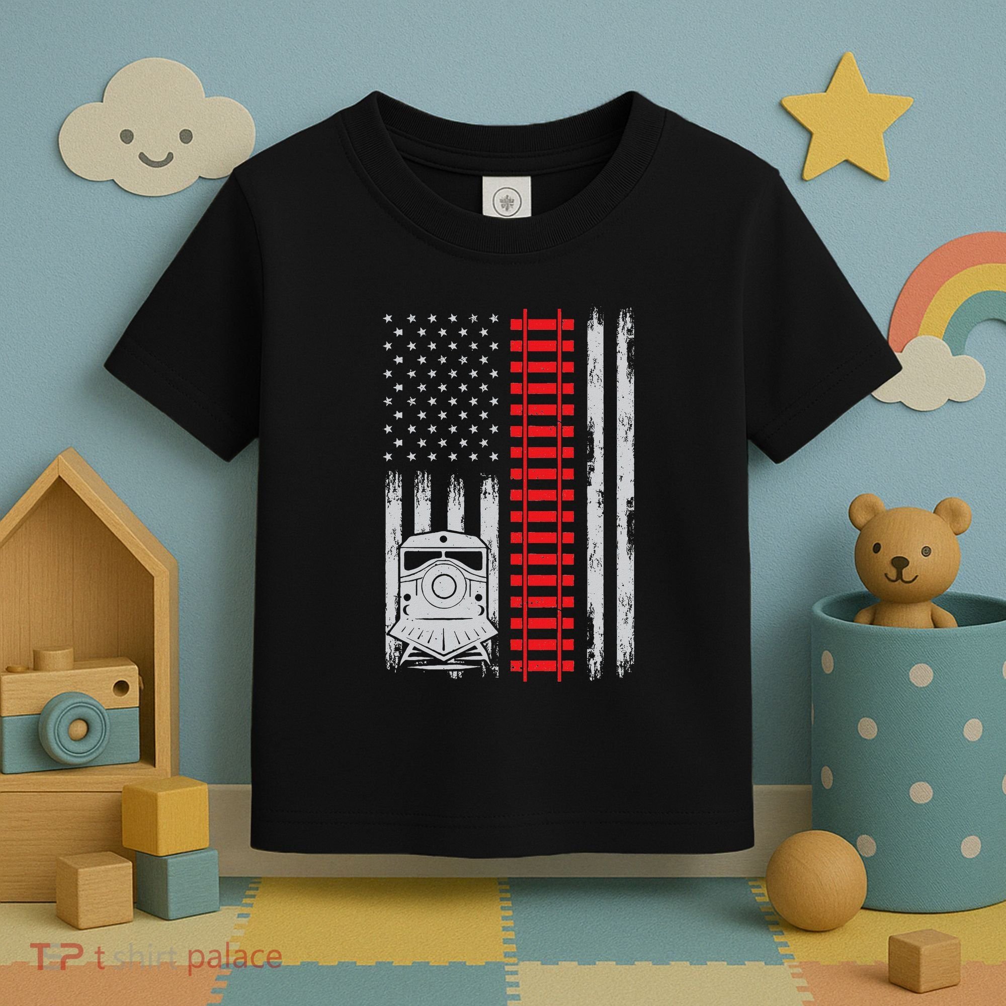 Railroad Train Usa Flag American Train Conductor Railway Toddler T-Shirt