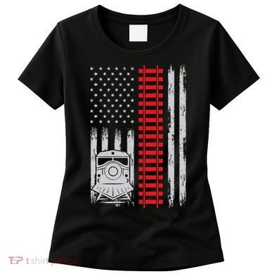 Railroad Train Usa Flag American Train Conductor Railway Women's T-Shirt