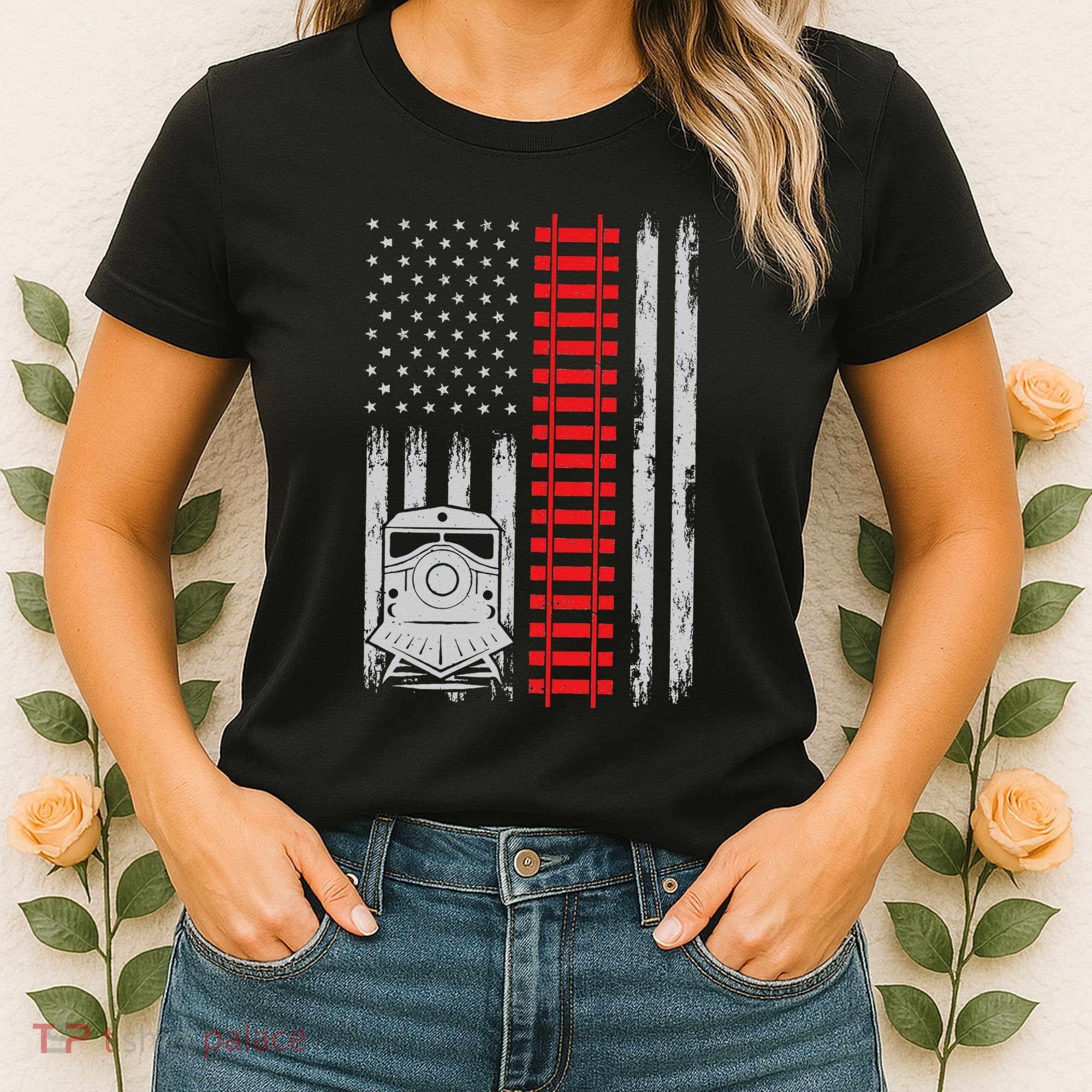 Railroad Train Usa Flag American Train Conductor Railway Women's T-Shirt