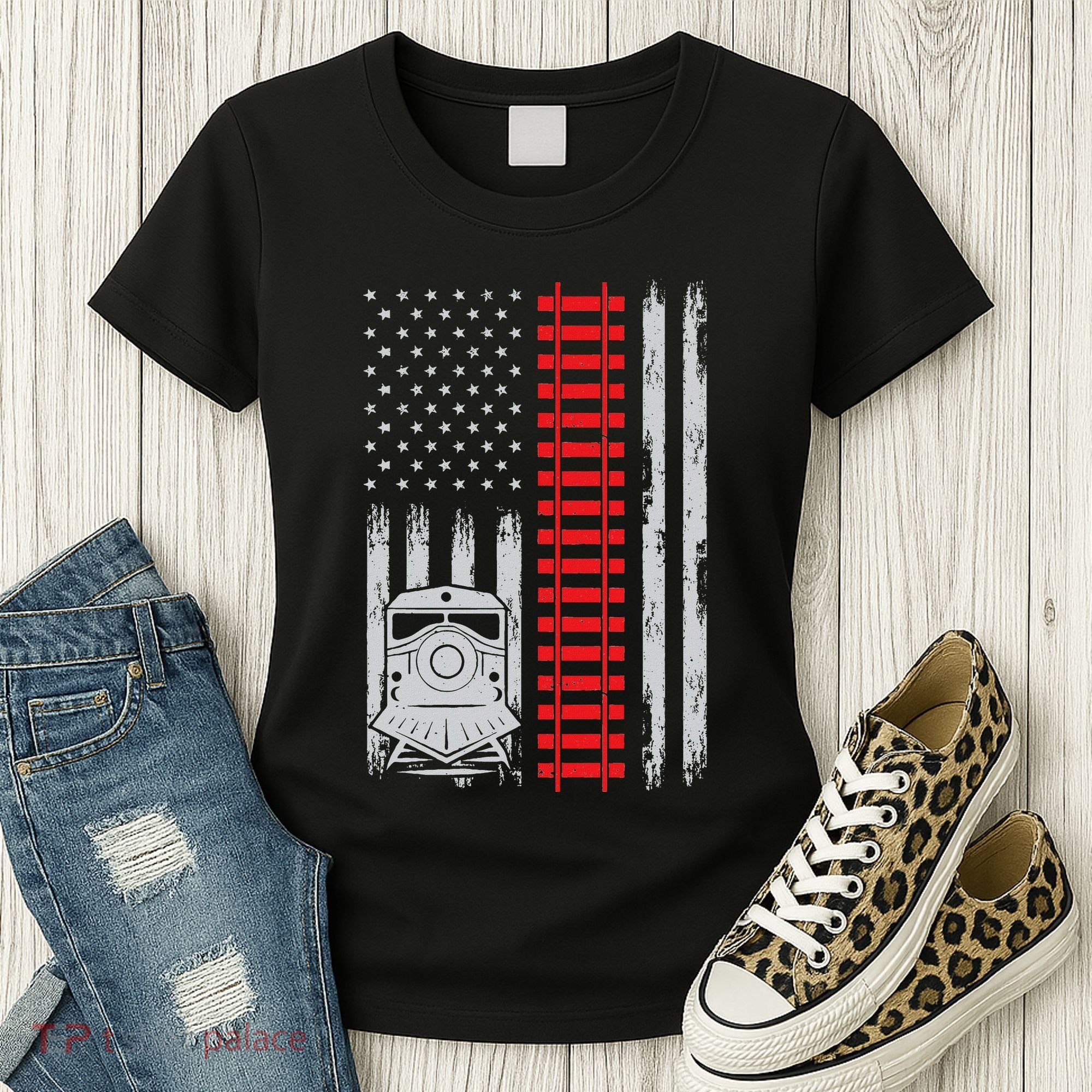 Railroad Train Usa Flag American Train Conductor Railway Women's T-Shirt
