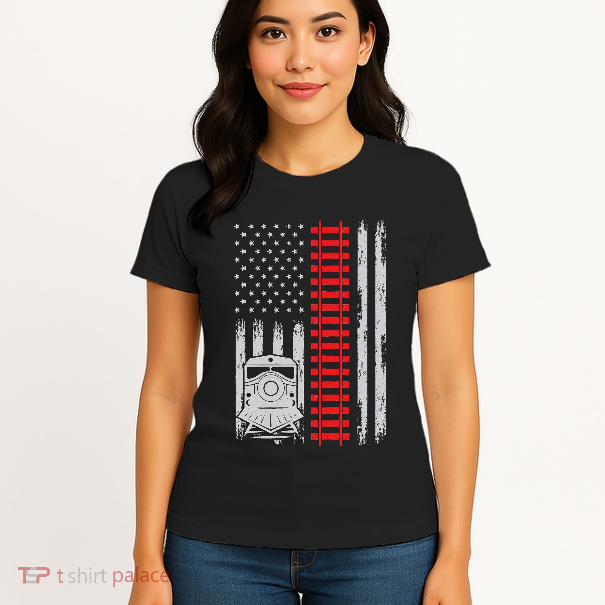 Railroad Train Usa Flag American Train Conductor Railway Women's T-Shirt