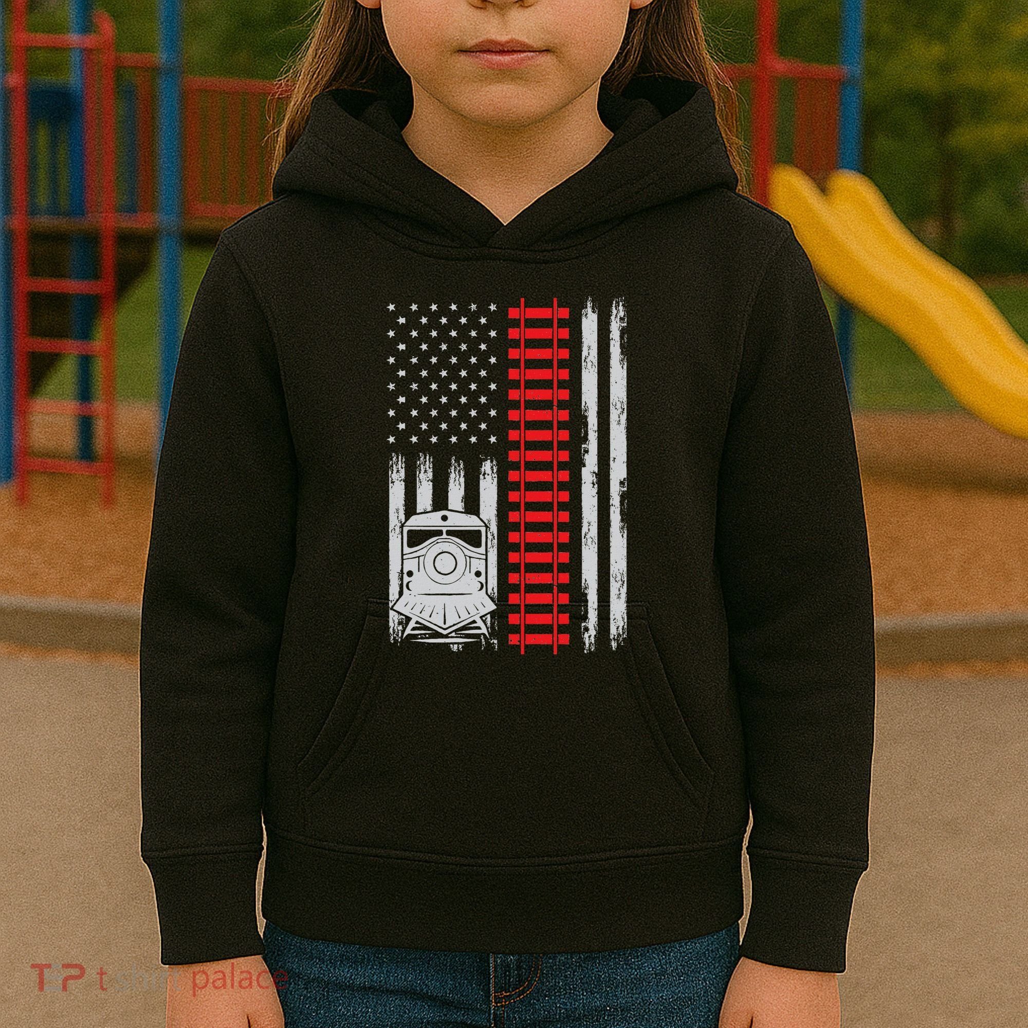 Railroad Train Usa Flag American Train Conductor Railway Kids Hoodie