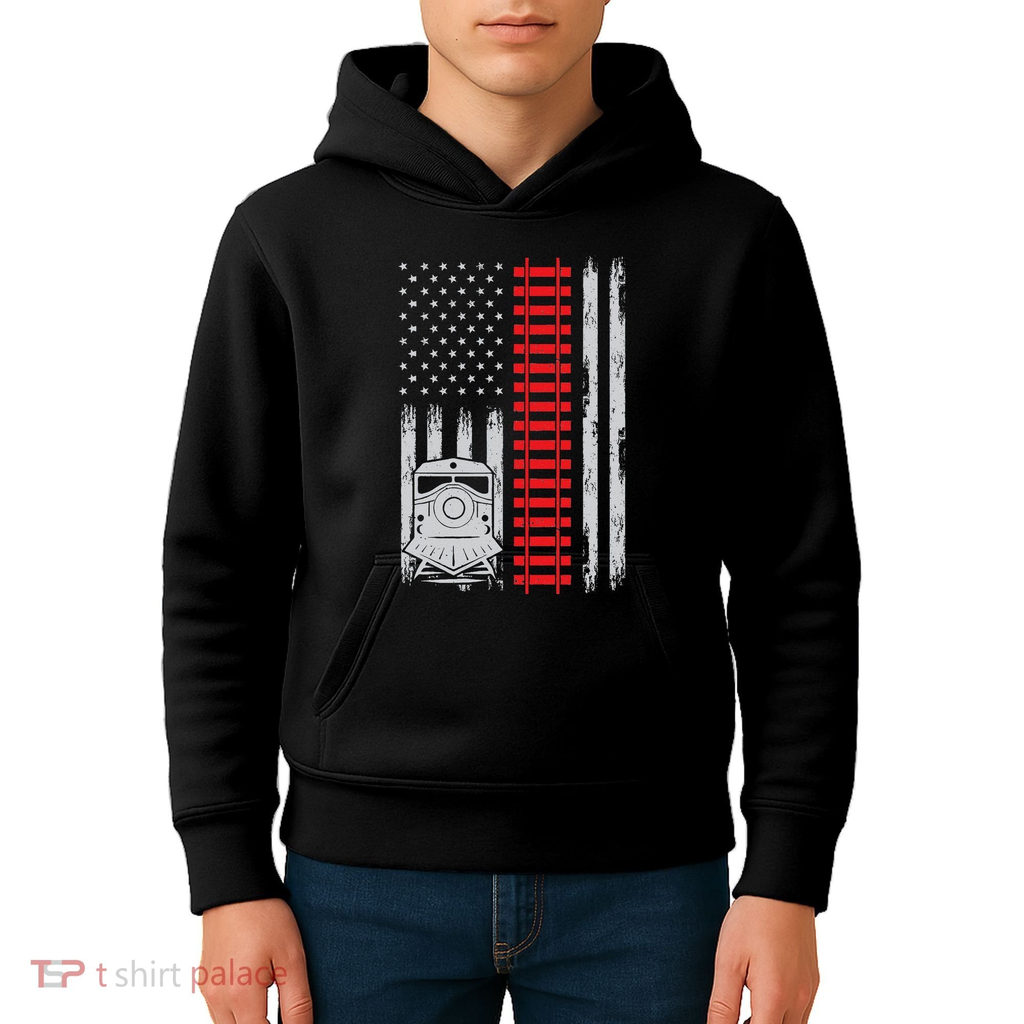 Railroad Train Usa Flag American Train Conductor Railway Kids Hoodie