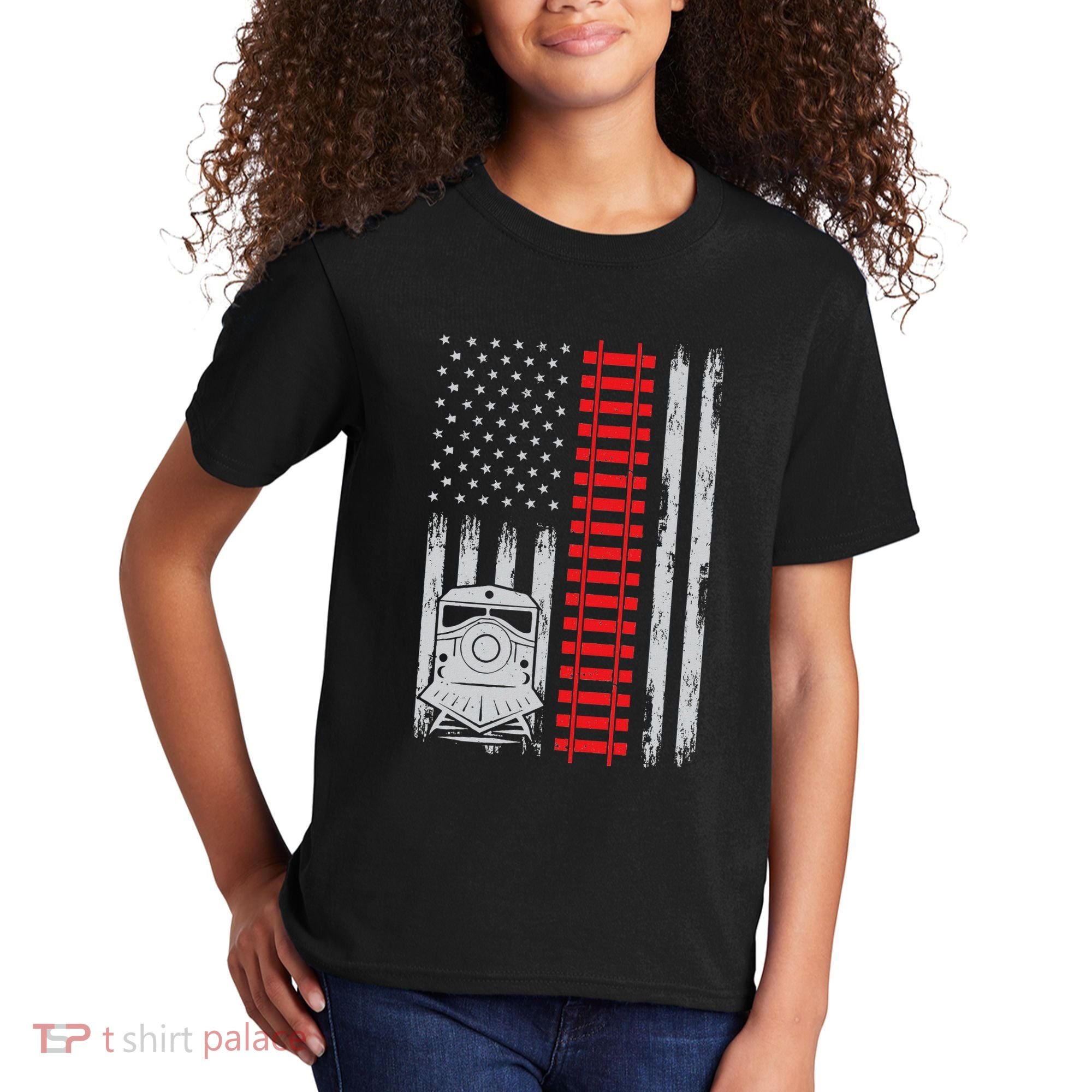 Railroad Train Usa Flag American Train Conductor Railway Kids T-Shirt
