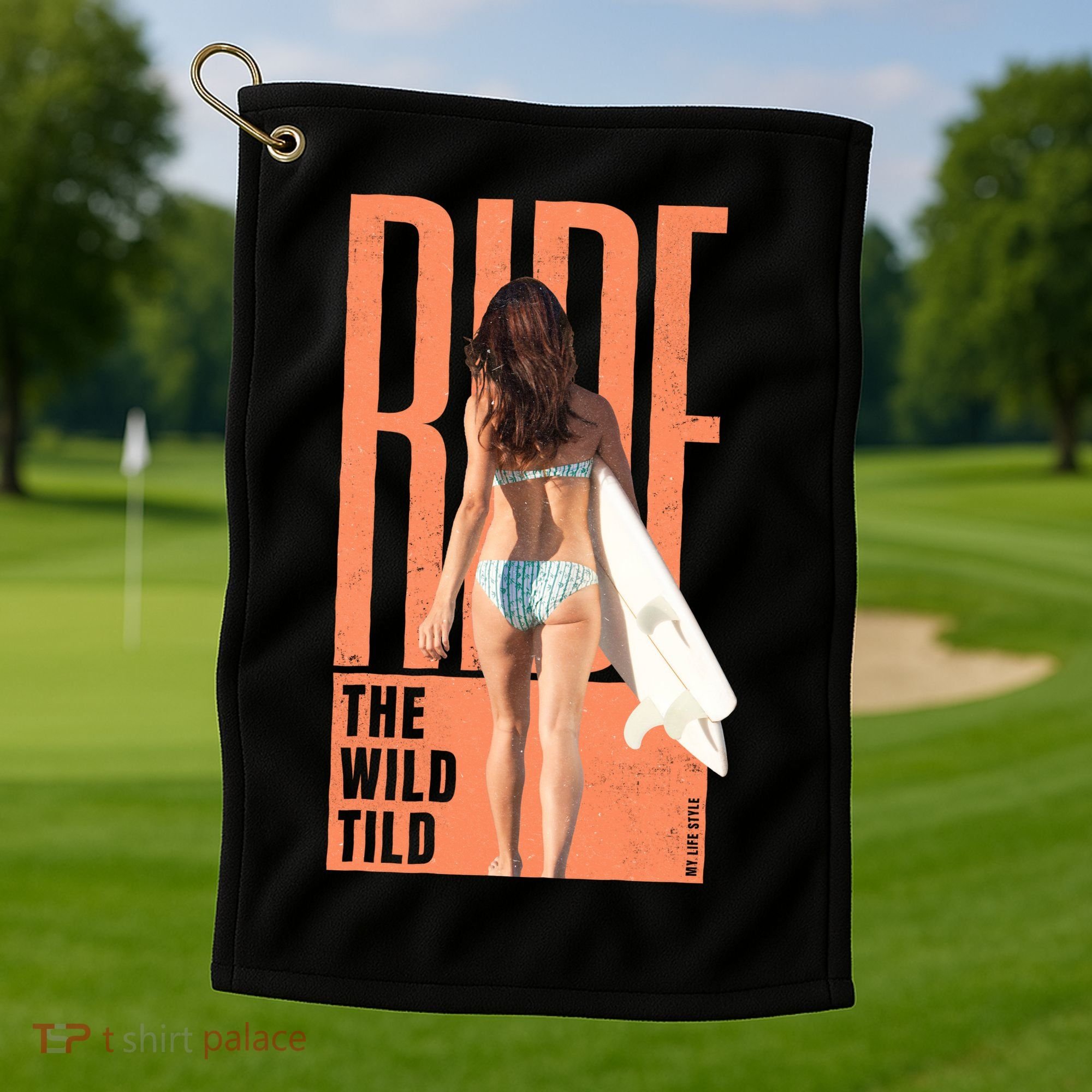 Ride The Wild Woman Surfing Golf Towel