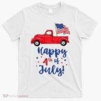 Red Truck With American Flag Happy 4th Of July T-Shirt thumb 0