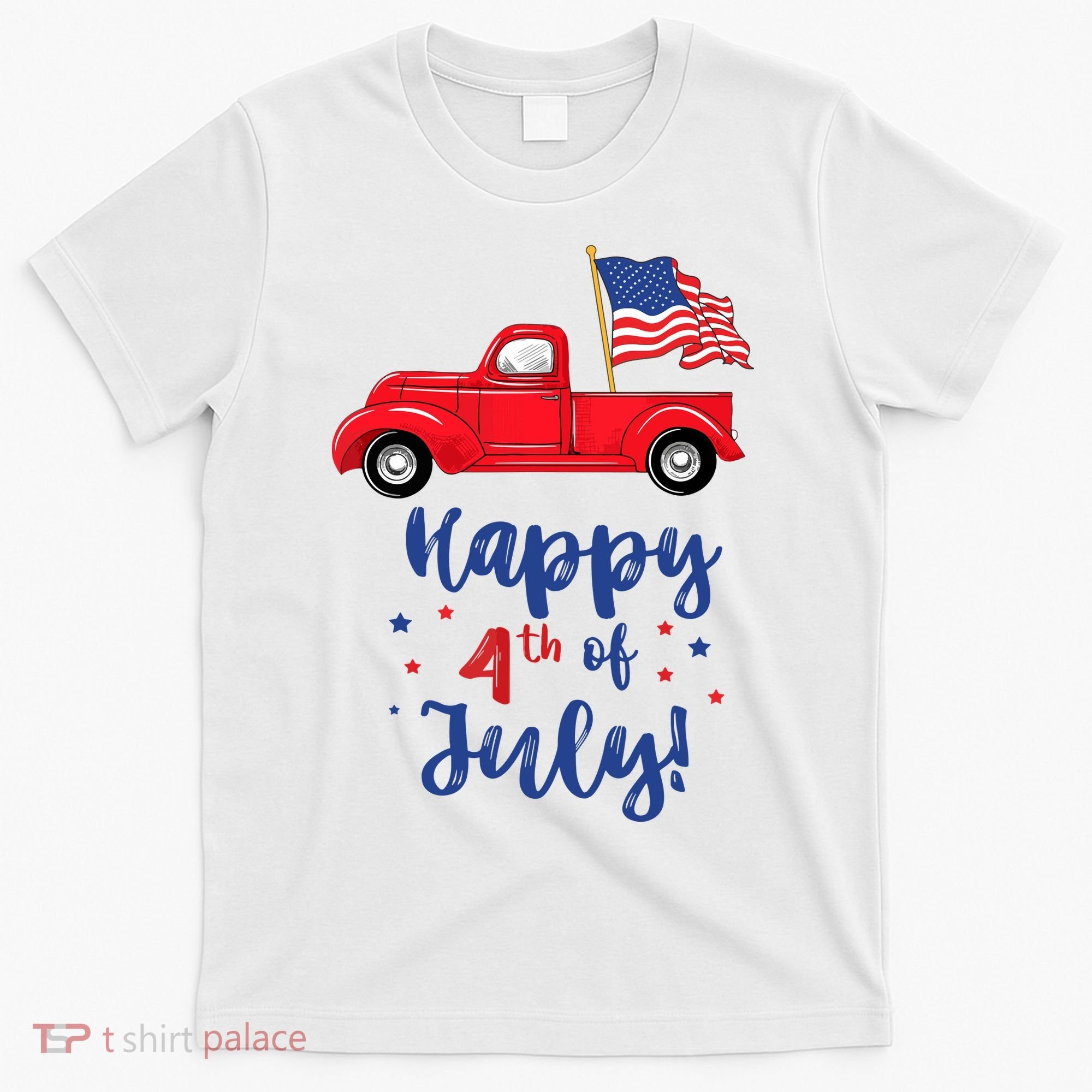 Red Truck With American Flag Happy 4th Of July T-Shirt