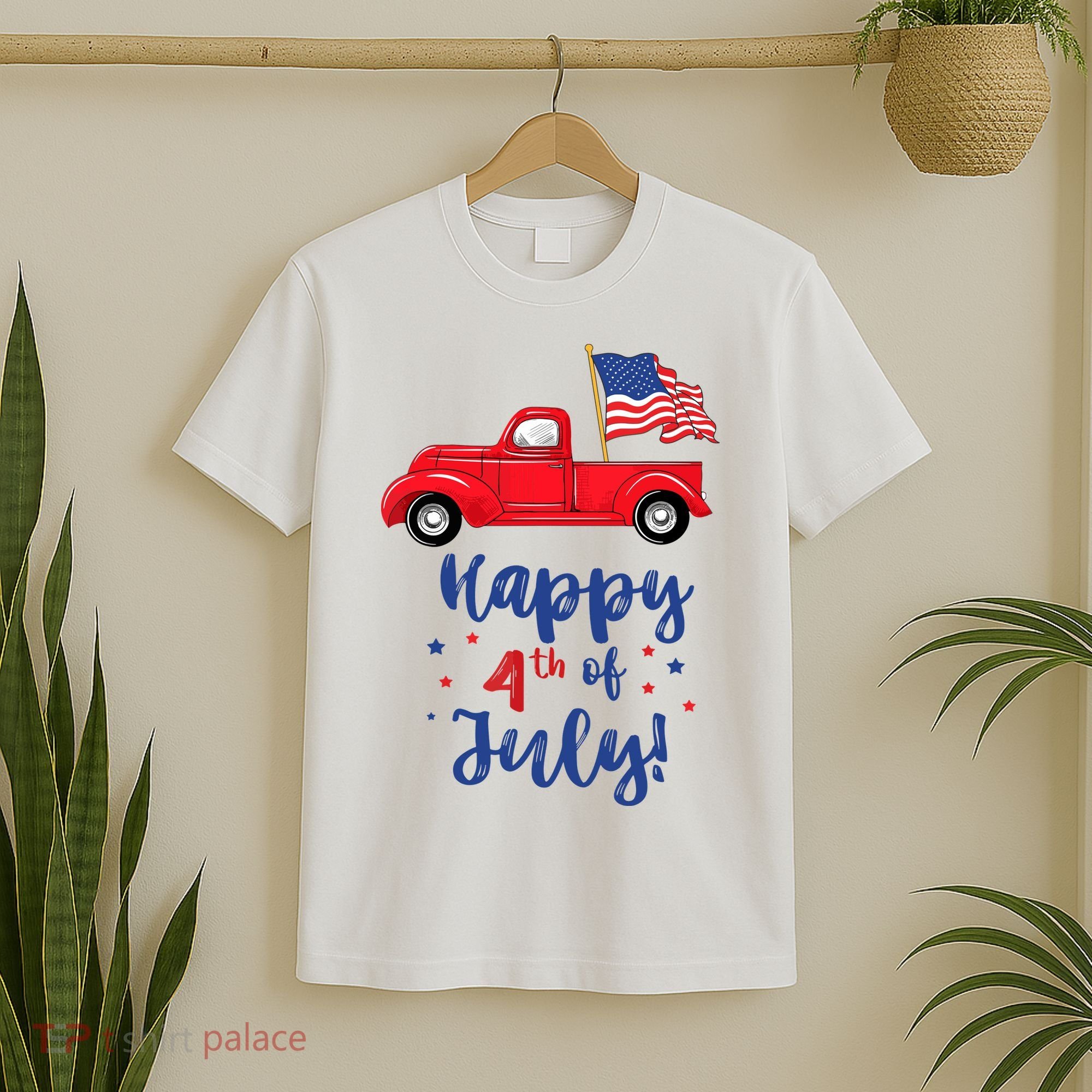 Red Truck With American Flag Happy 4th Of July T-Shirt